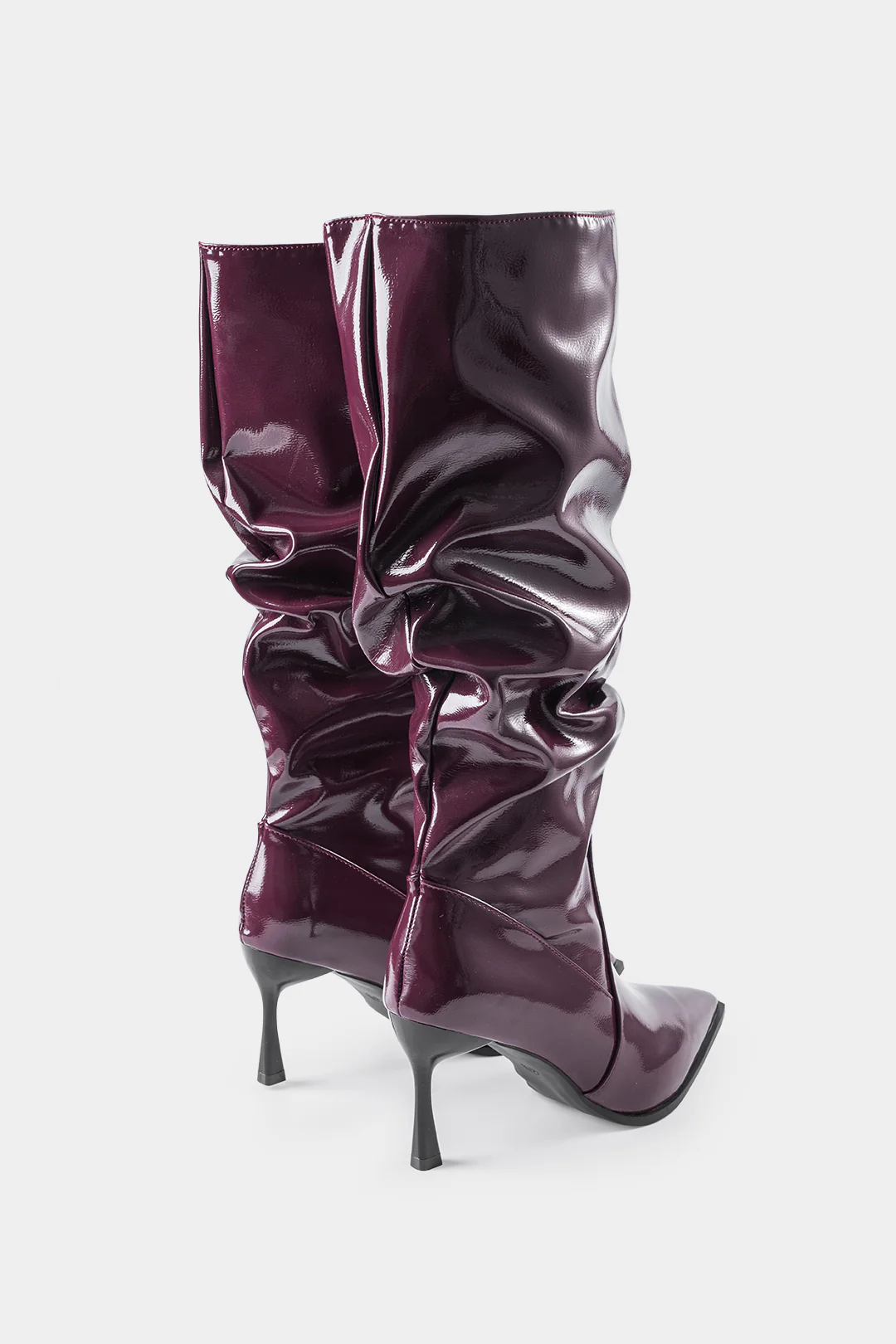 Faux Leather Ruched Pointed Toe Knee High Boots - Image 2