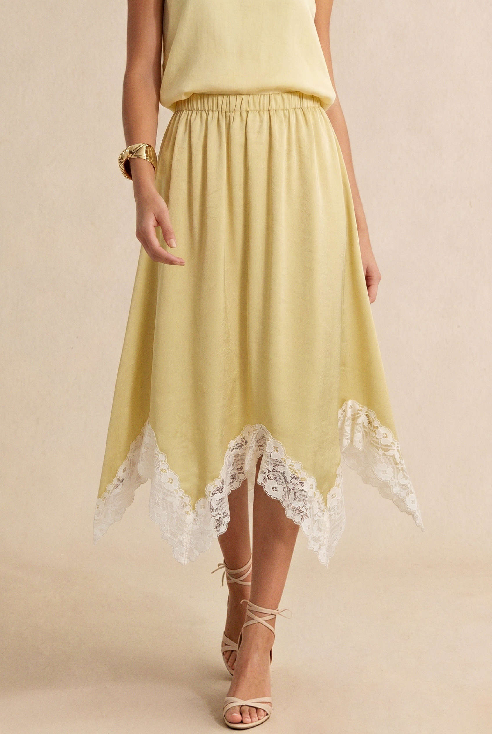 Satin Patchwork Lace Hem Skirt