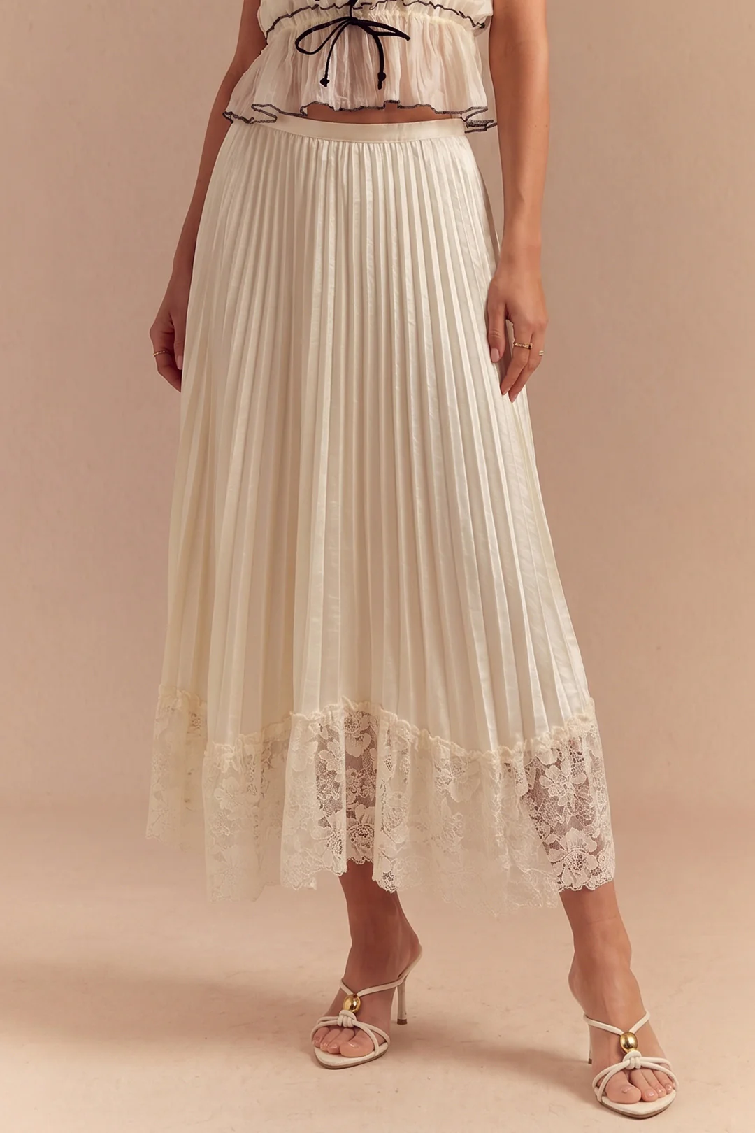 Satin Patchwork Lace Pleated Skirt