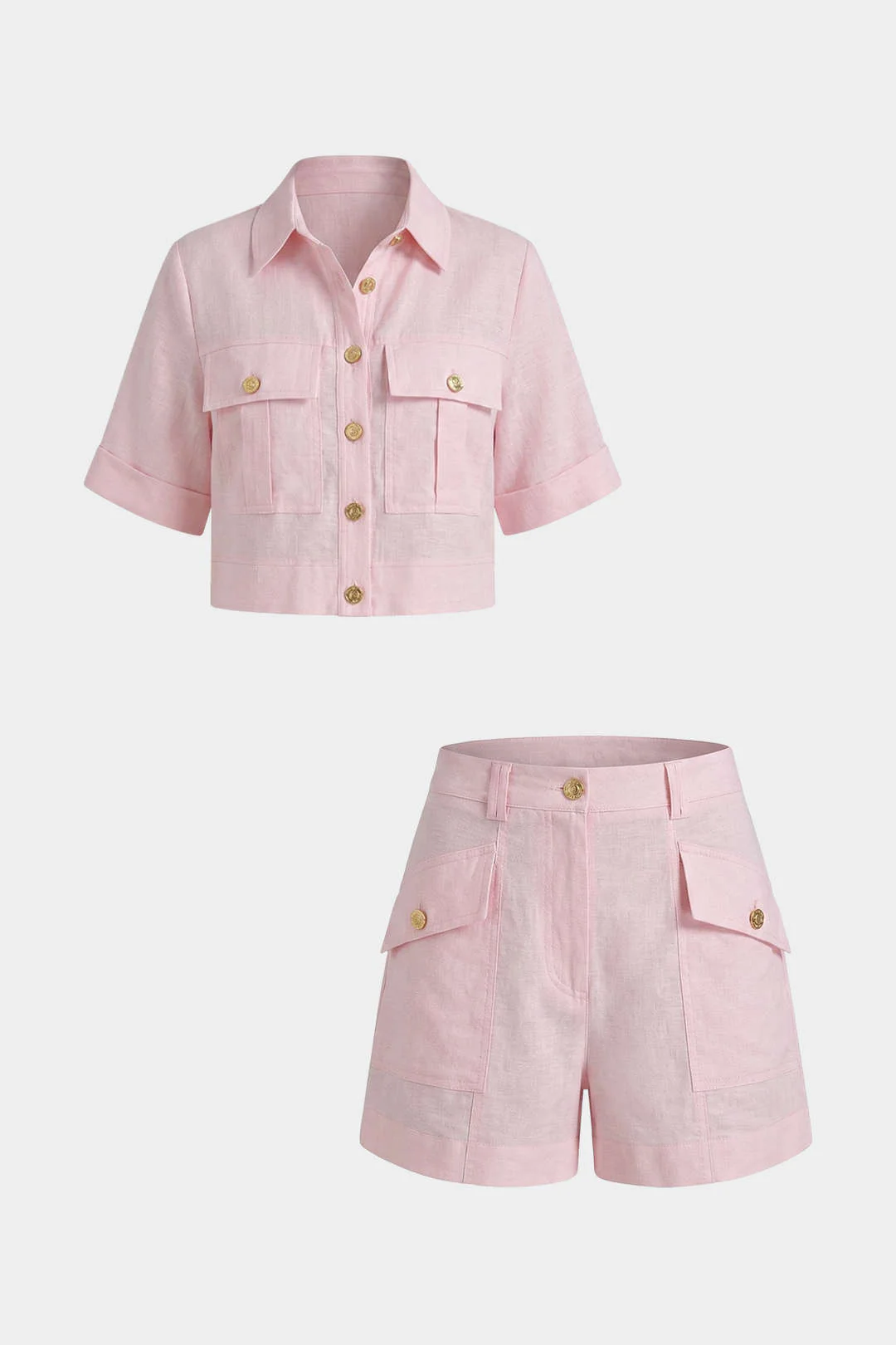 Lapel Metallic Button Short Sleeve Top And Shorts Set