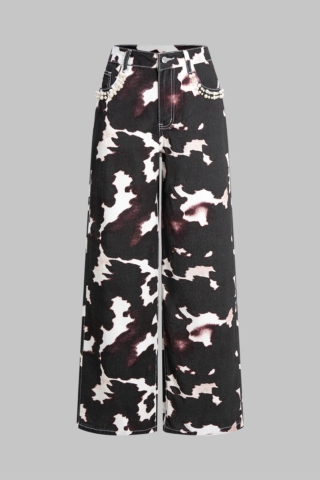 Denim Contrast Print Pearl Decor Straight Leg Jeans