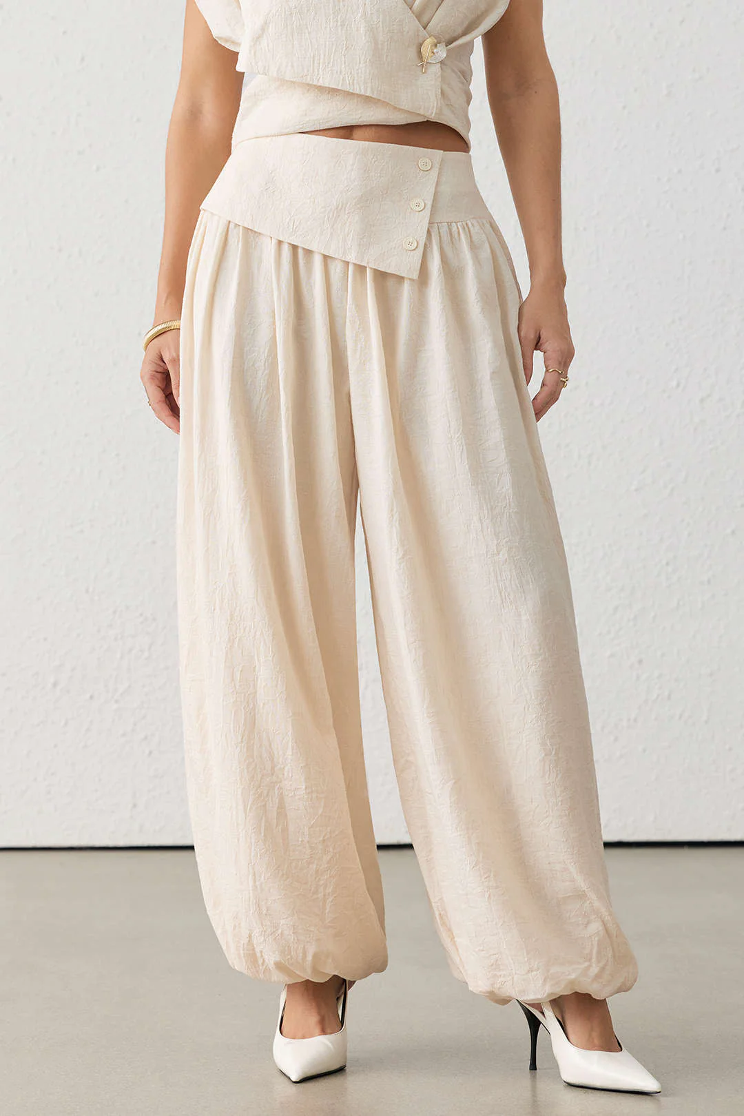Asymmetrical Button Ruched Wide Leg Pants - Image 6