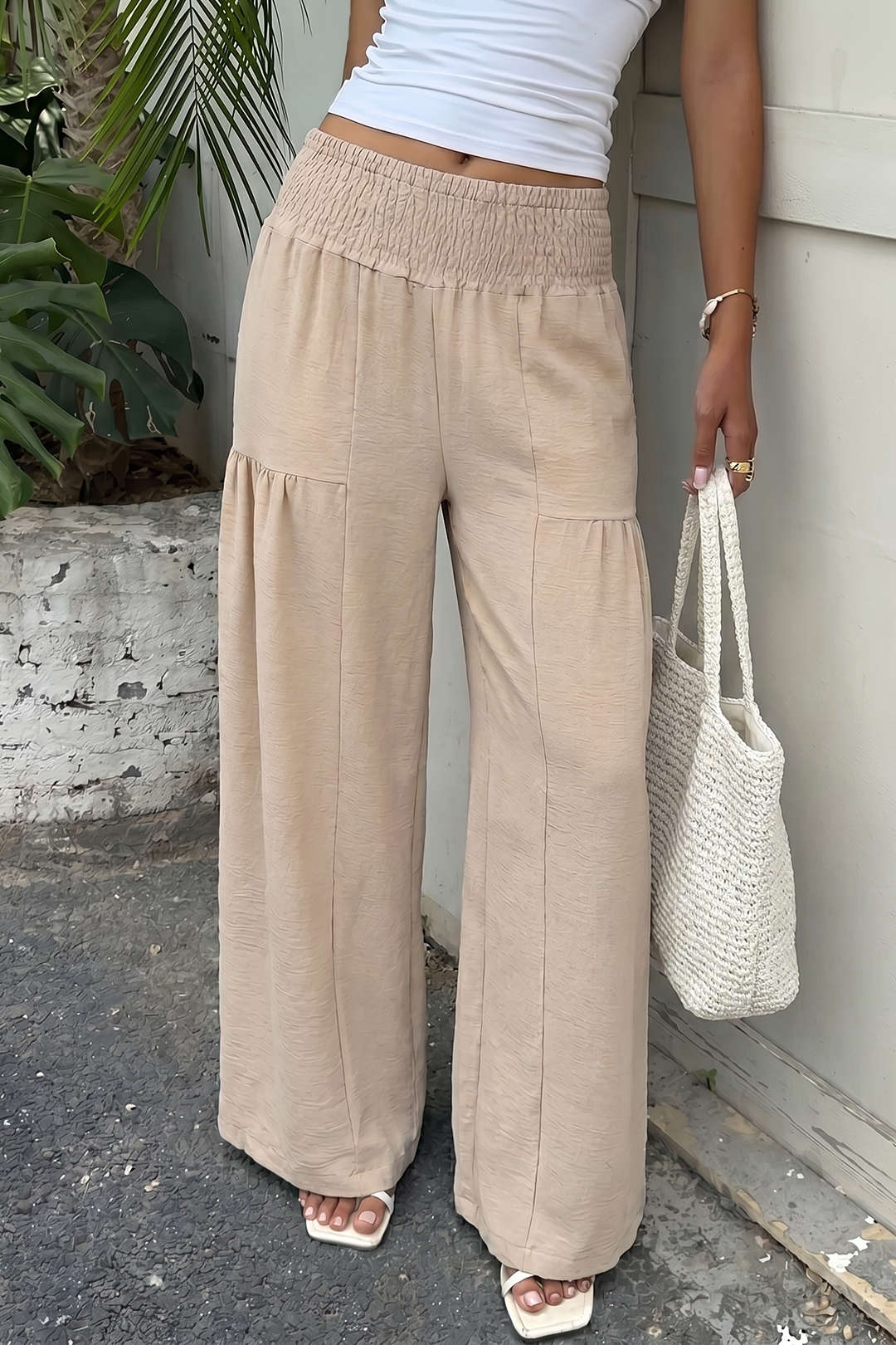 Shirred Waistband Ruched High Waist Wide Leg Pants