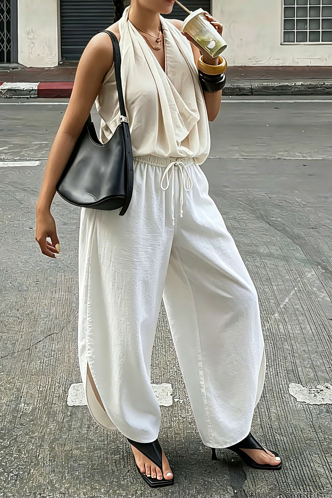 Solid Drawstring Side Slit Pants