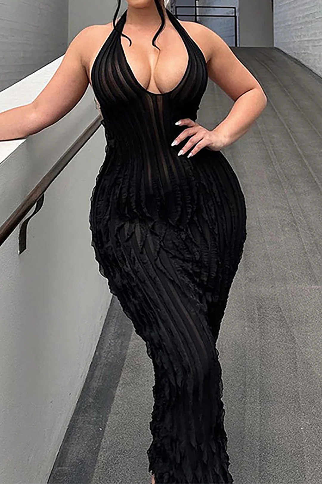 Sheer Ruffle Texture Halter Backless Maxi Dress - Image 13