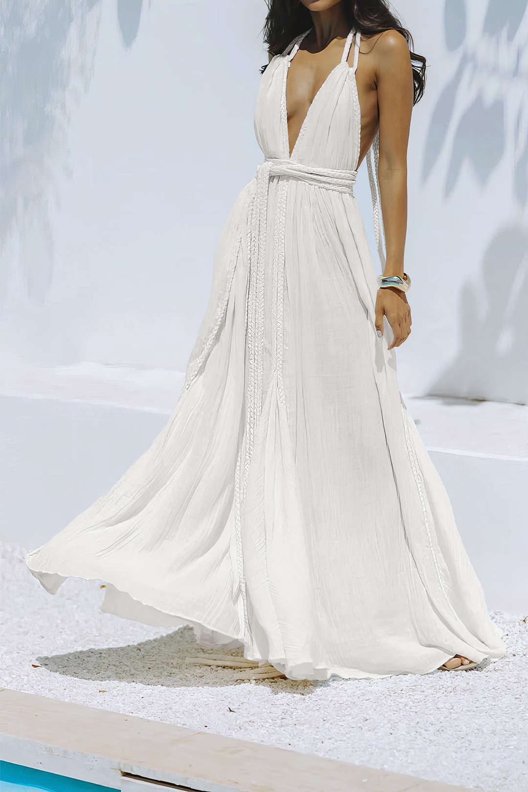 Halter V-Neck Belted Backless Sleeveless Maxi Dress - Image 7