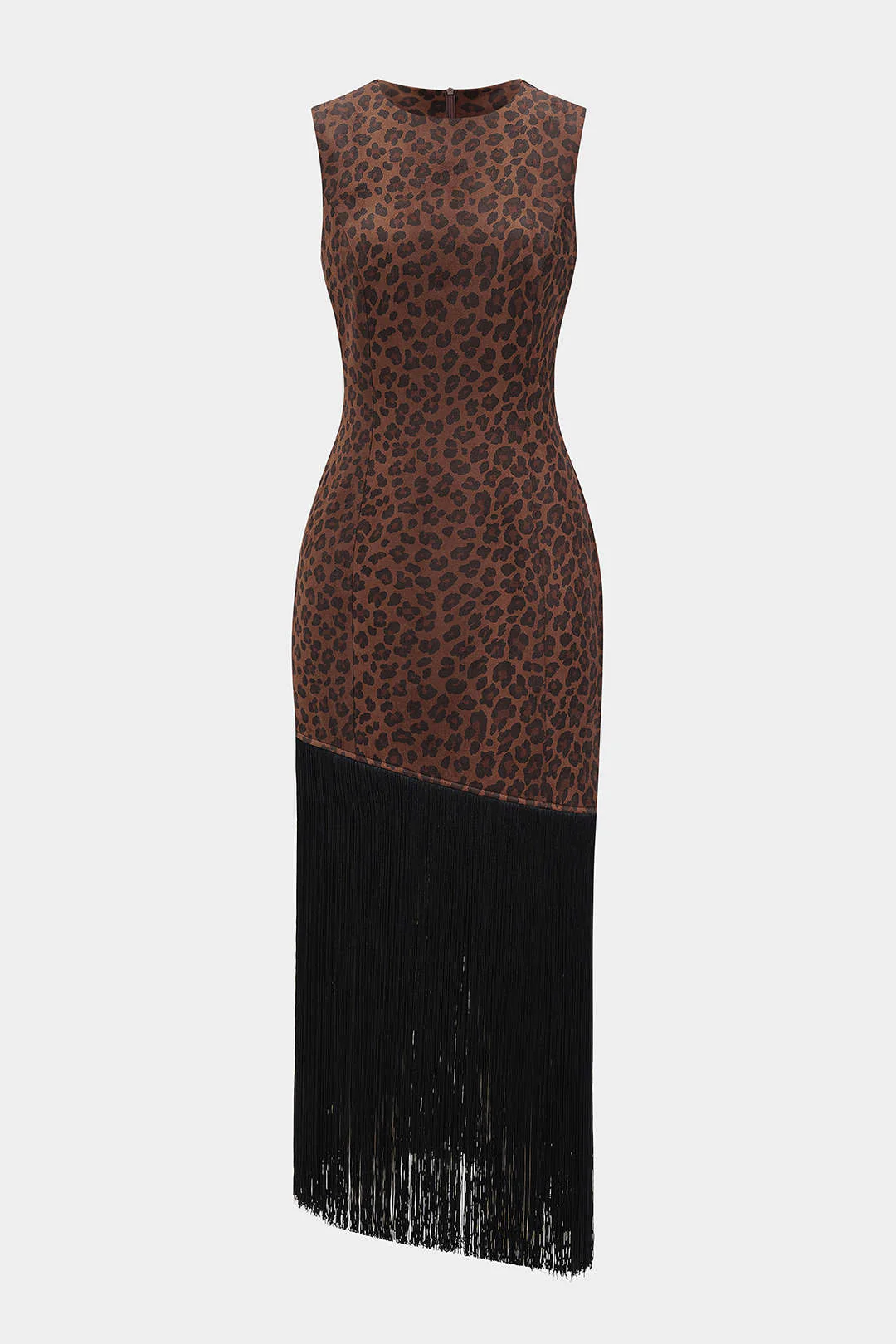 Leopard Print Suede Round Neck Fringe Asymmetrical Maxi Dress