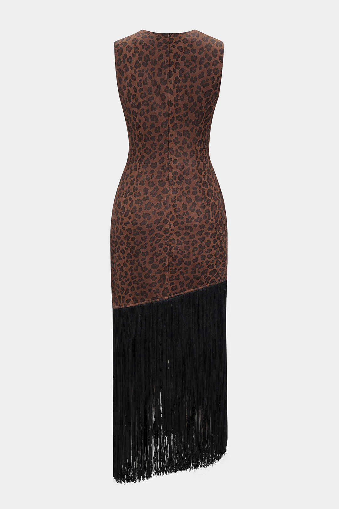 Leopard Print Suede Round Neck Fringe Asymmetrical Maxi Dress - Image 2