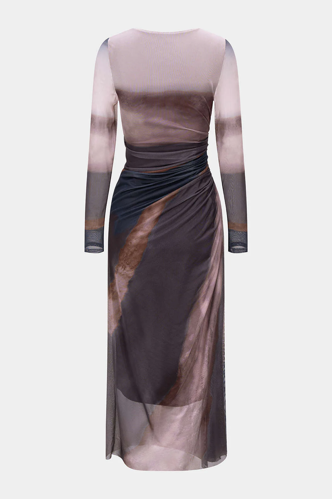 Tie-Dye Print Mesh Ruched Long Sleeve Maxi Dress - Image 7