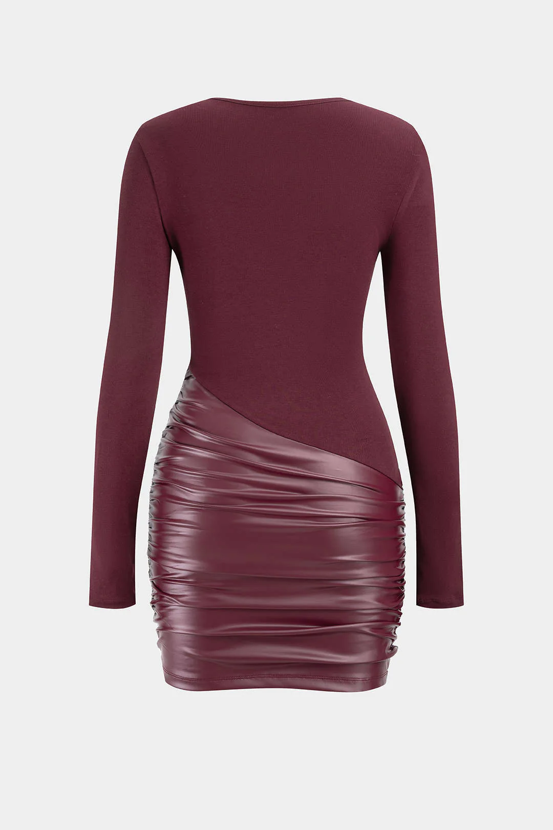 Faux Leather Patchwork Round Neck Ruched Long Sleeve Mini Dress - Image 2
