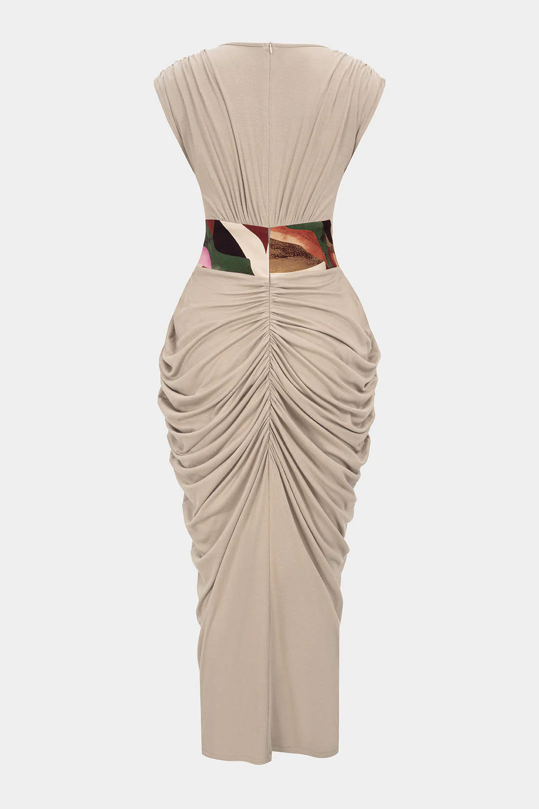 Abstract Print V-Neck Ruched Zipper Sleeveless Maxi Dress - Image 2
