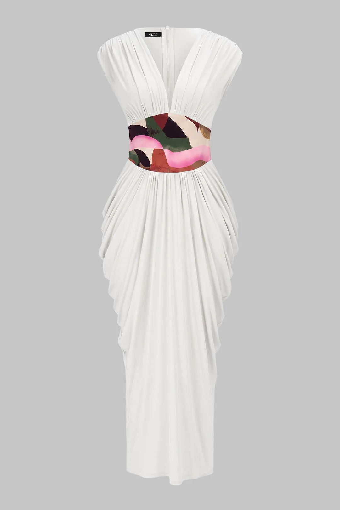 Abstract Print V-Neck Ruched Zipper Sleeveless Maxi Dress - Image 5
