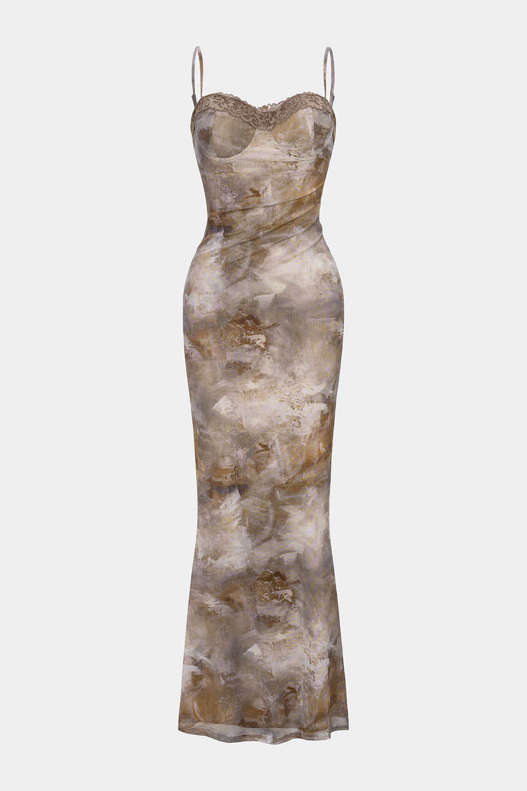 Abstract Print Patchwork Lace Trim Bustier Sleeveless Maxi Dress - Image 2