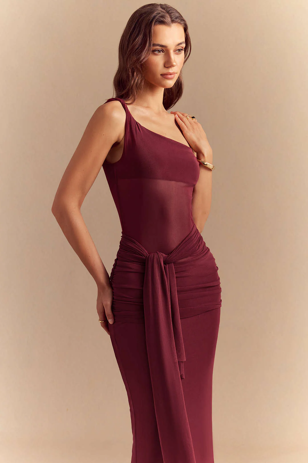 Mesh One Shoulder Twist Knot Tie-Up Sleeveless Maxi Dress - Image 5