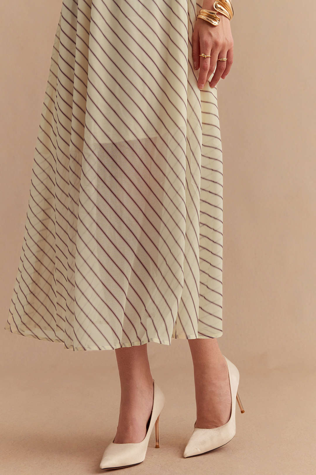 Stripes Print Chiffon Draped Cowl Neck Sleeveless Maxi Dress - Image 5