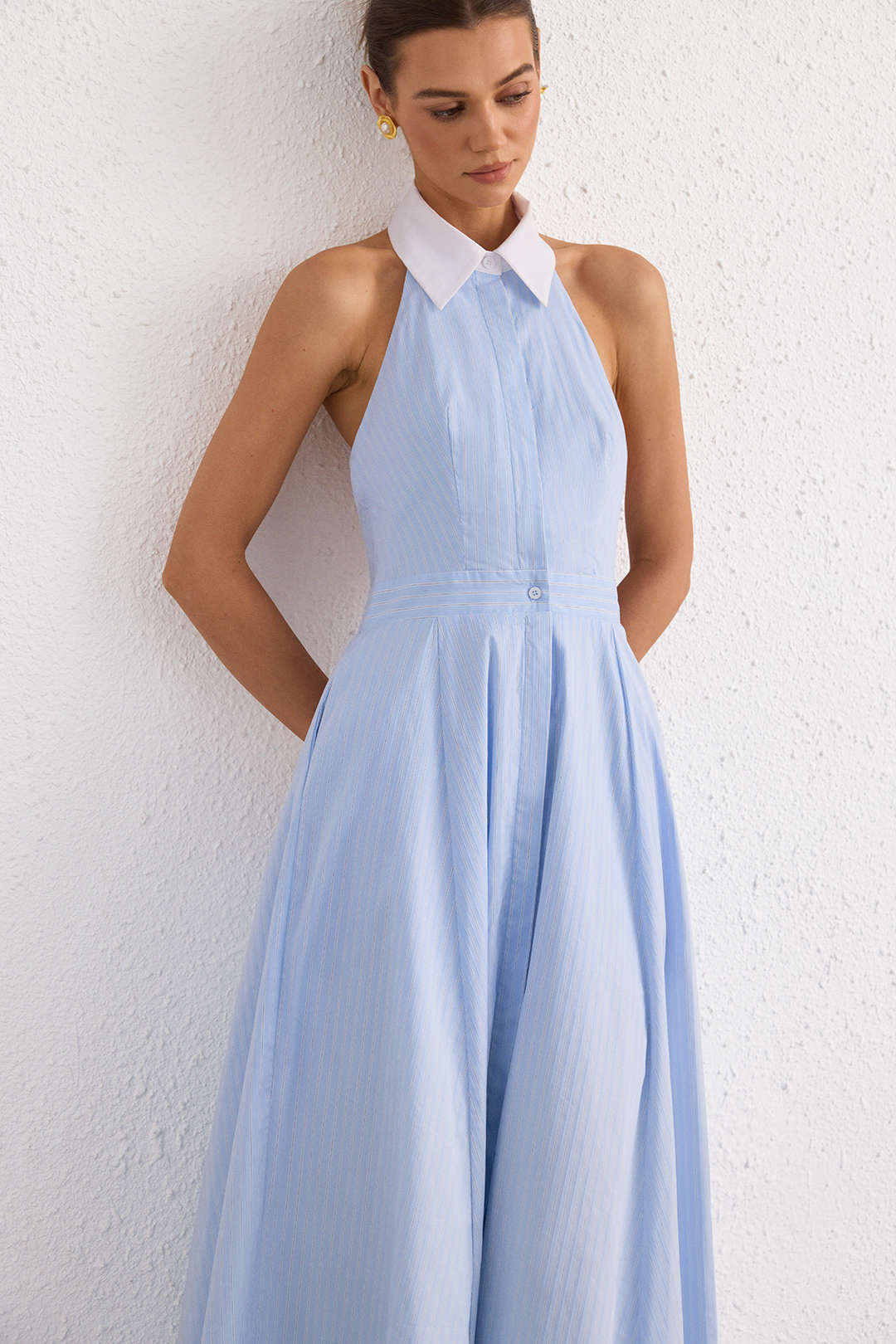 Stripes Print Lapel Halter Neck Backless Sleeveless Maxi Dress - Image 4