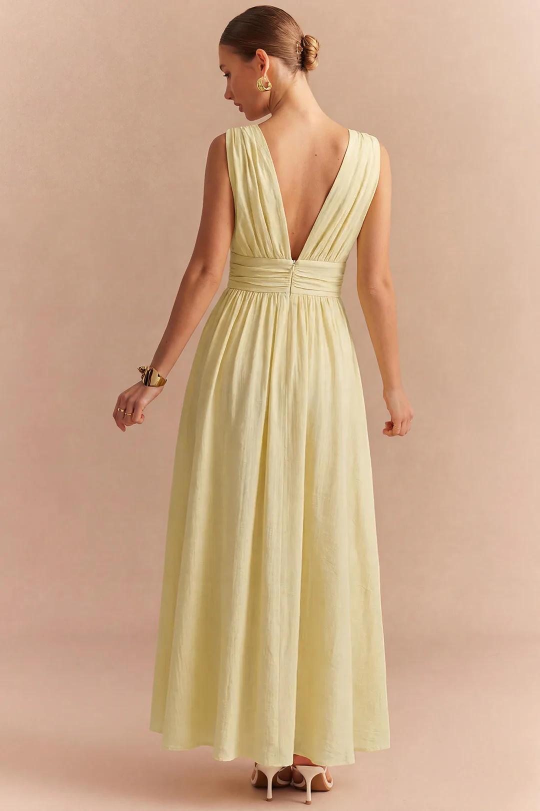 Metallic V-Neck Ruched Backless Sleeveless Maxi Dress - Image 2