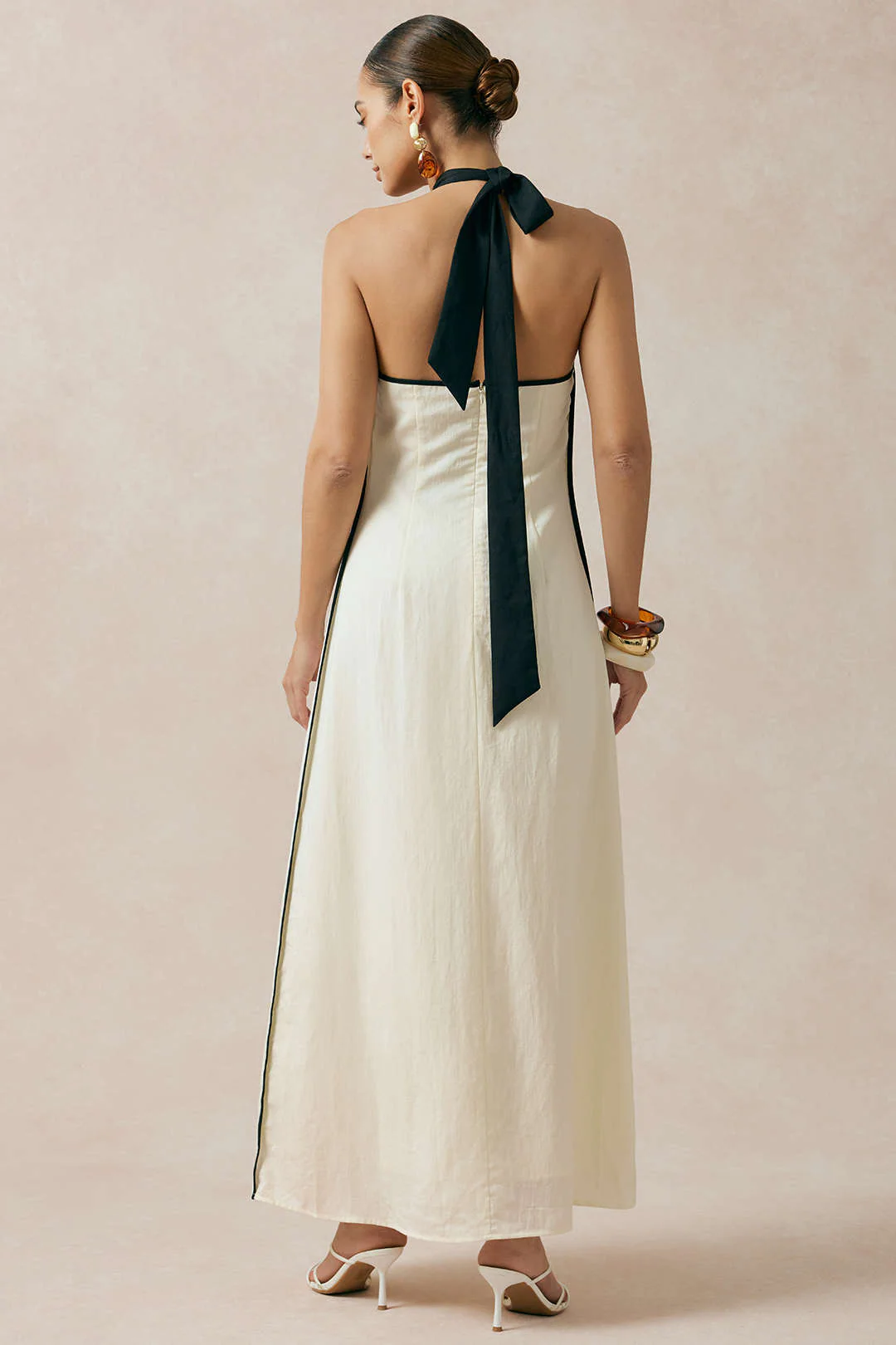 Contrast Trim Linen Halter Neck Tie Back Metallic Sleeveless Maxi Dress - Image 3