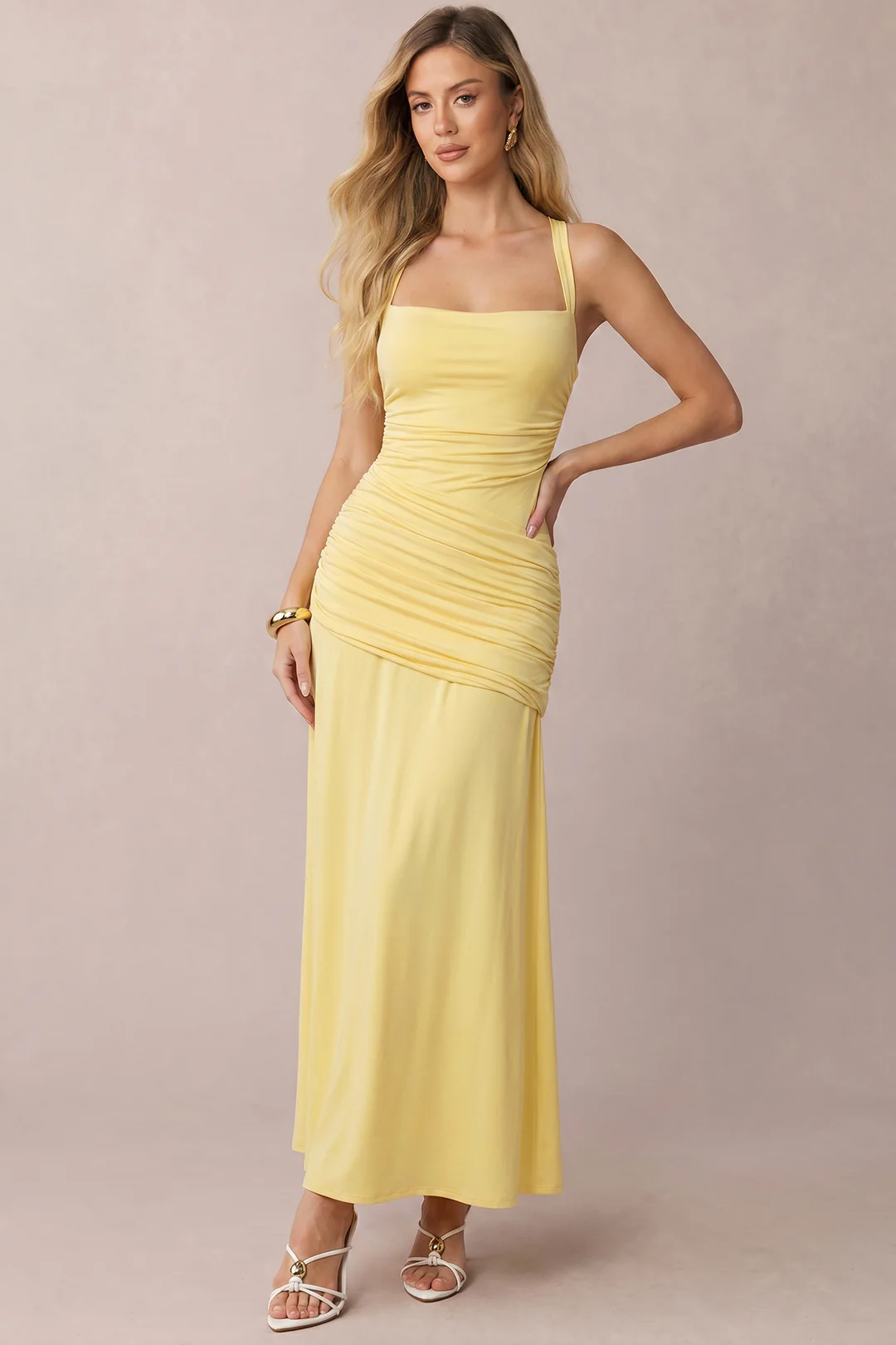 Mesh Patchwork Ruched Tie Back Crossed Sleeveless Maxi Dress