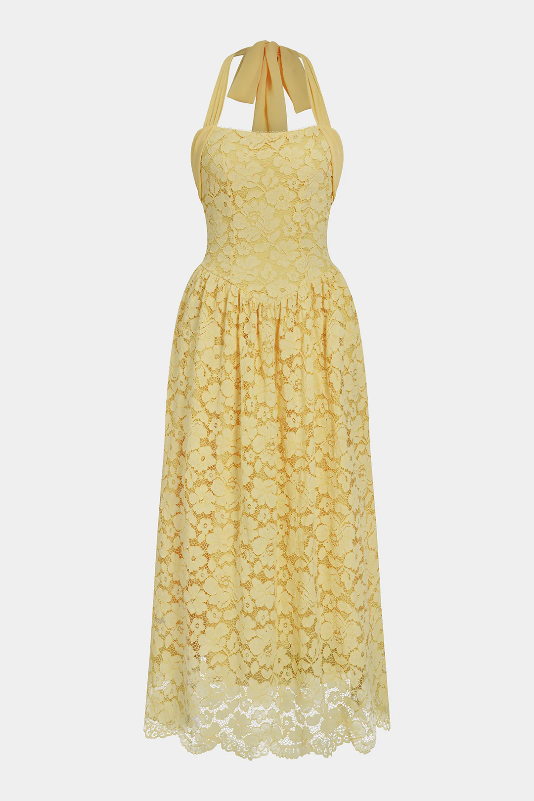 Lace Halter Neck Tie Back Backless Sleeveless Midi Dress