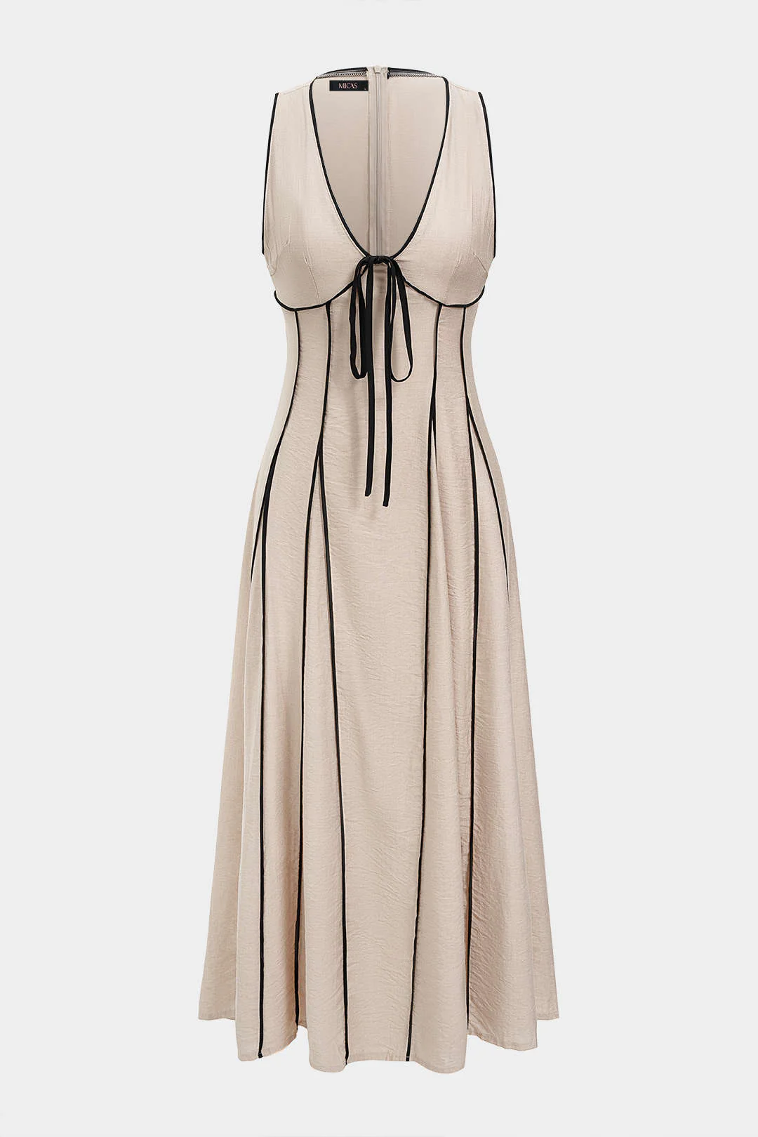 Contrast Binding V-Neck Tie-Up Sleeveless Maxi Dress - Image 2