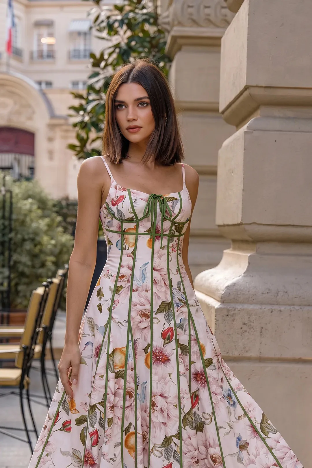 Floral Leaves Print Contrast Trim Tie-Up Slip Sleeveless Maxi Dress - Image 2