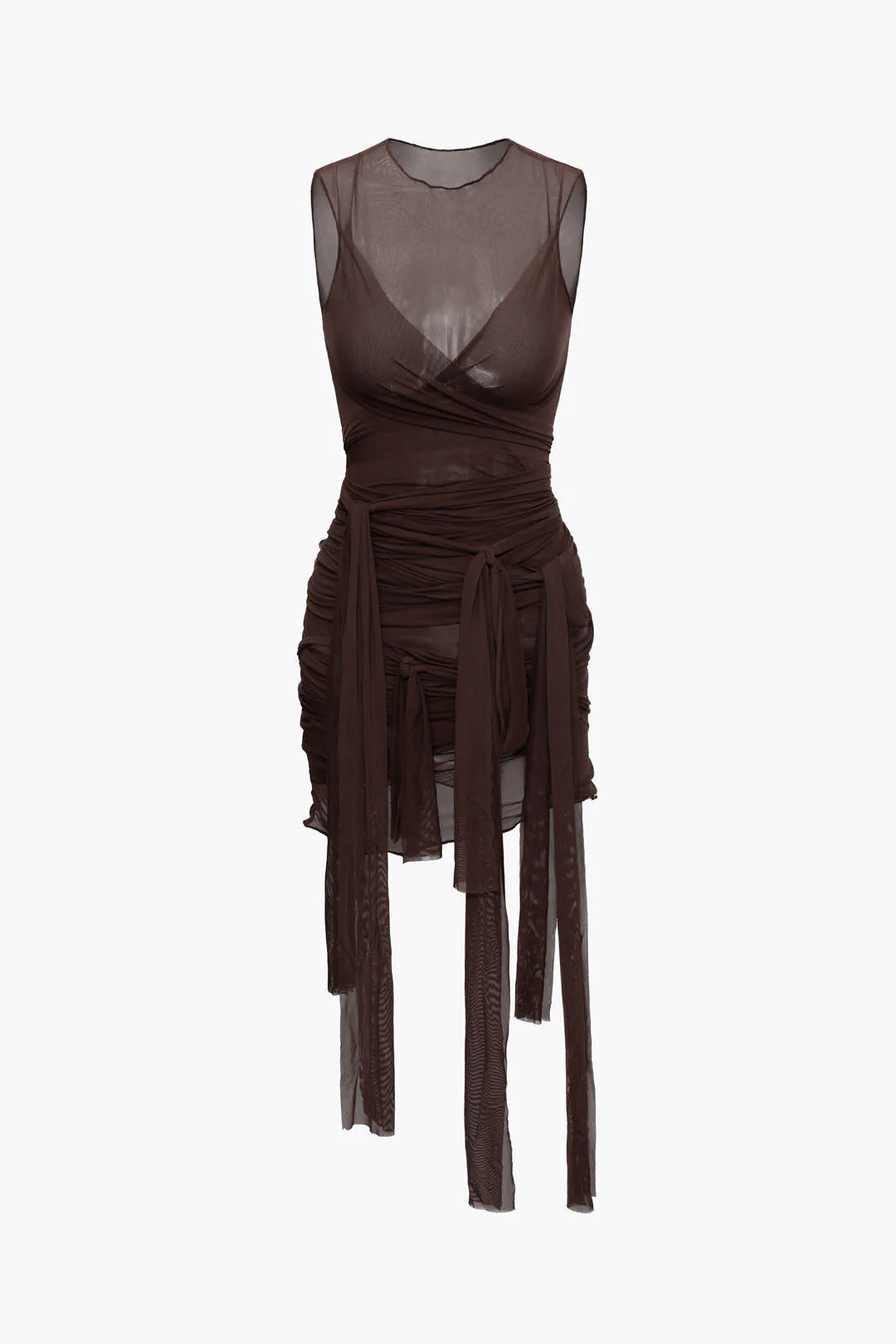 Sheer Mesh Wrap Tie Ribbon Midi Dress - Image 6