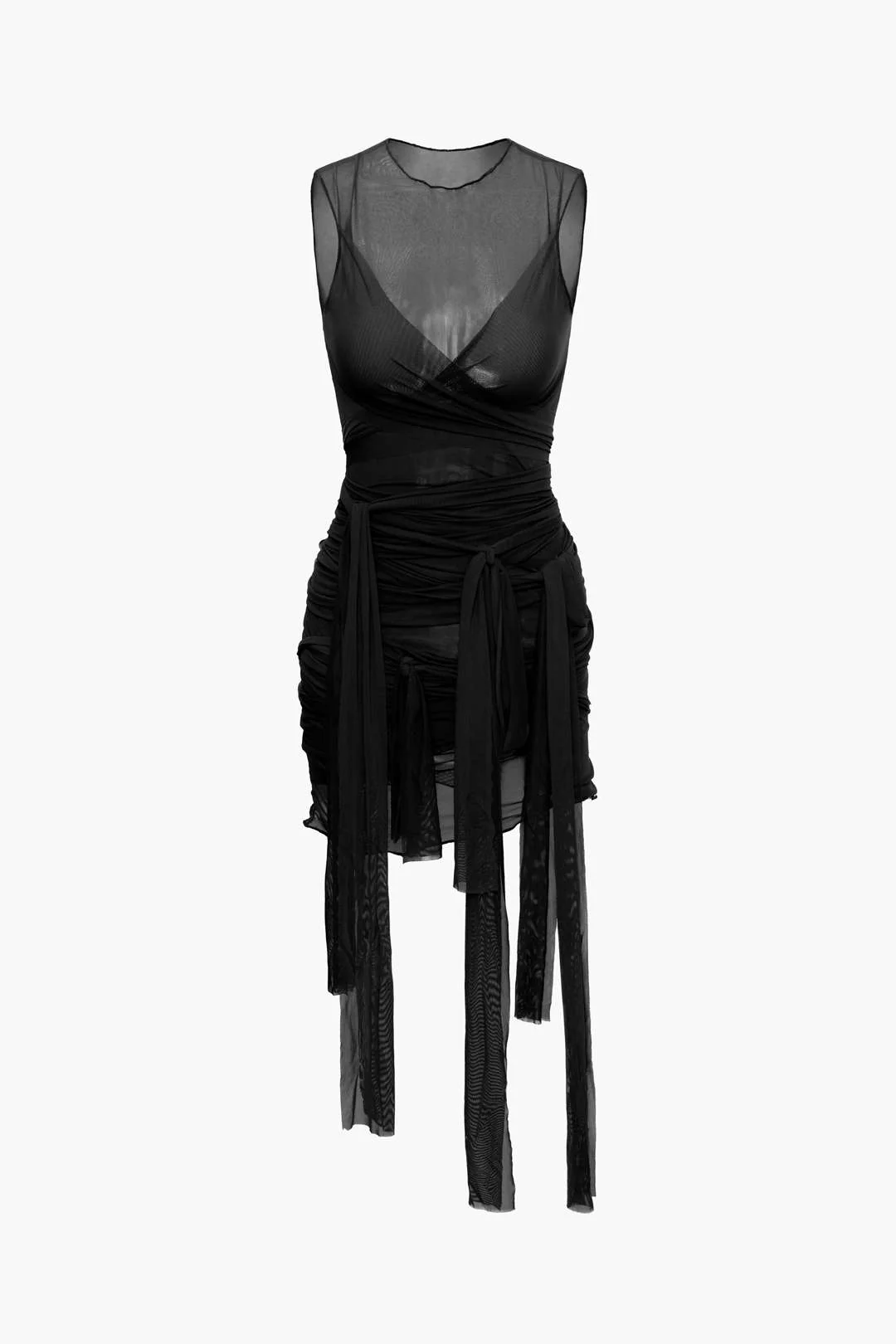 Sheer Mesh Wrap Tie Ribbon Midi Dress - Image 8