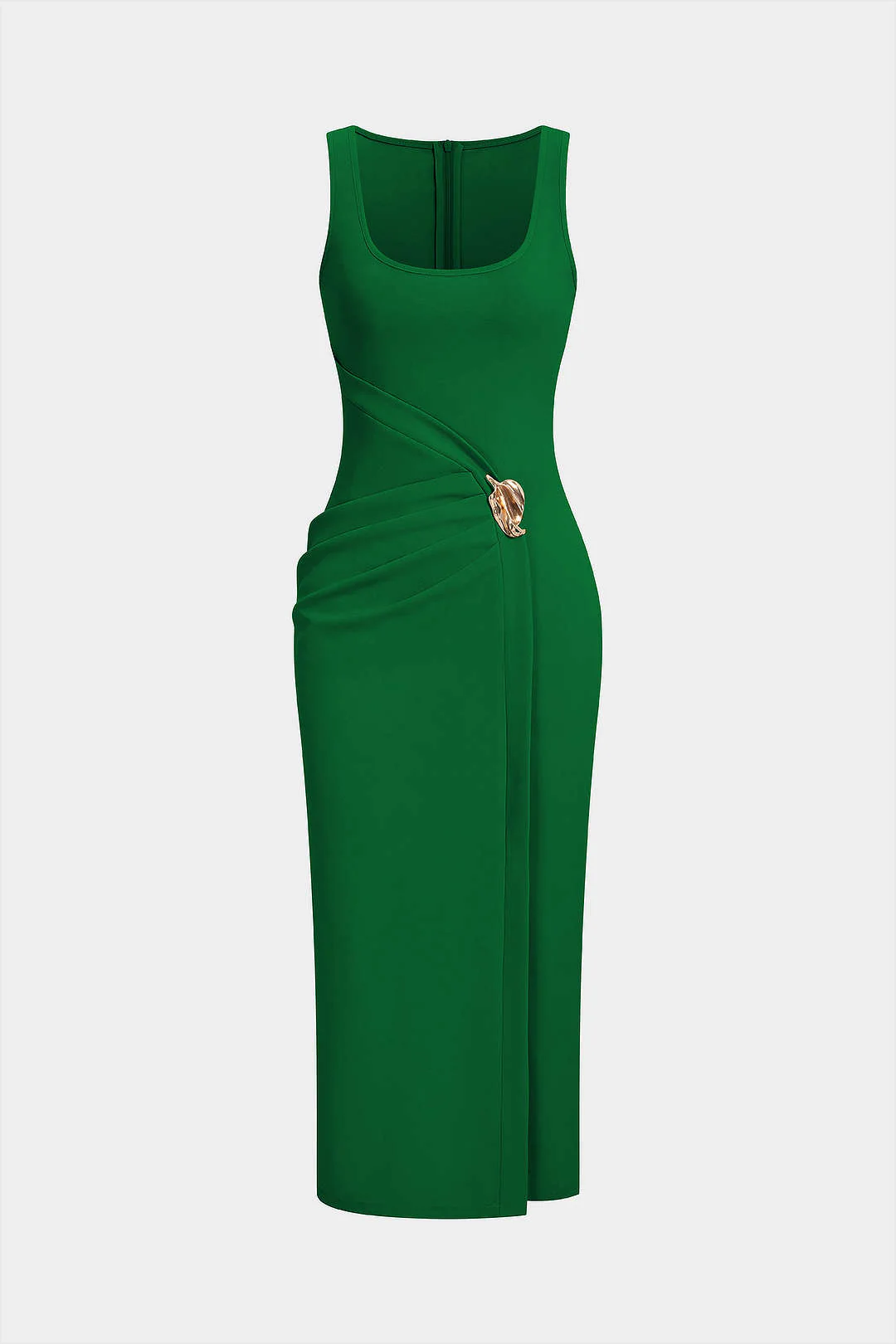 U-Neck Metallic Asymmetrical Ruched Zipper Sleeveless Midi Dress - Image 6