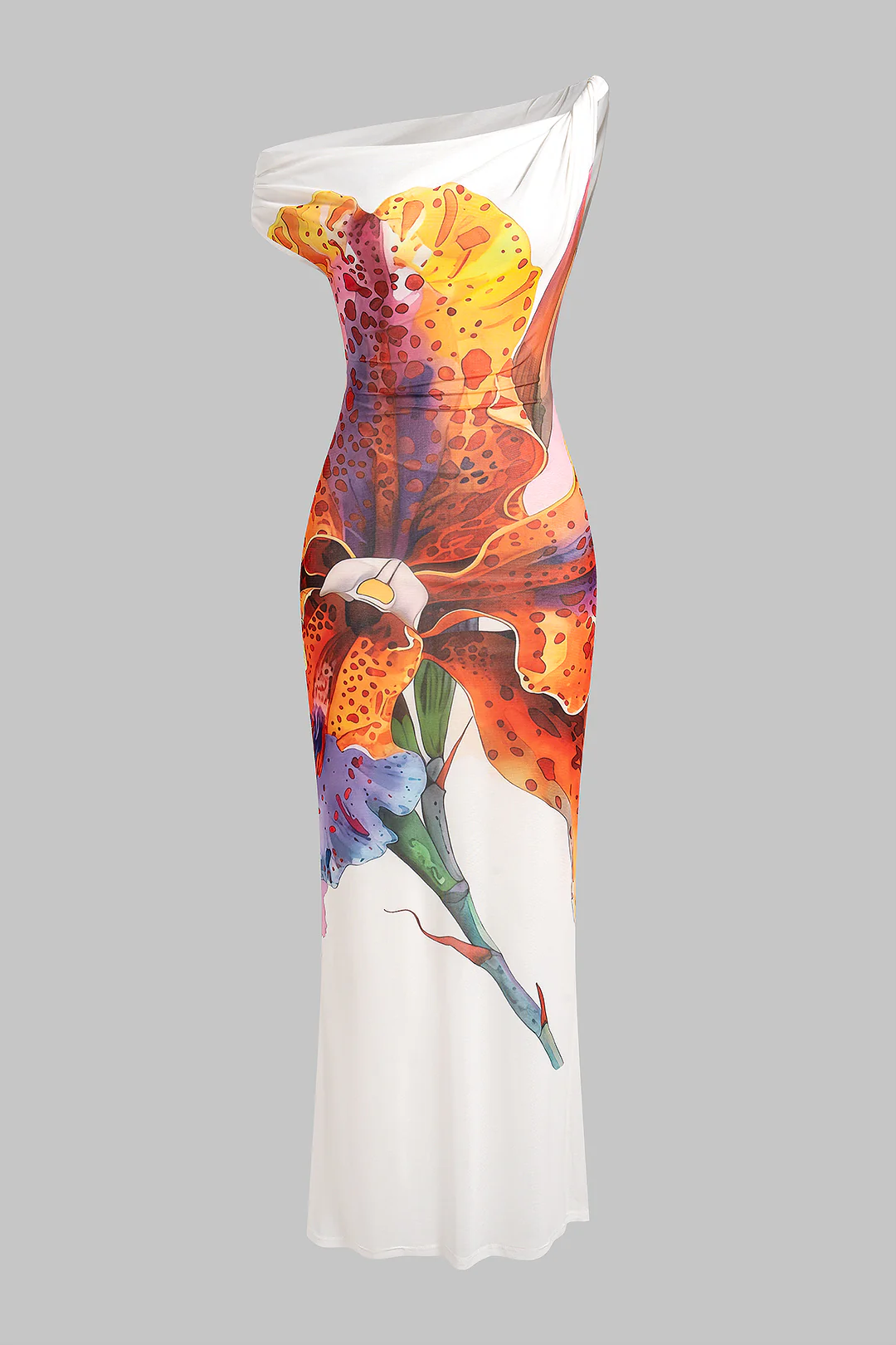 Floral Print Mesh Twist Knot Asymmetrical Ruched Sleeveless Maxi Dress