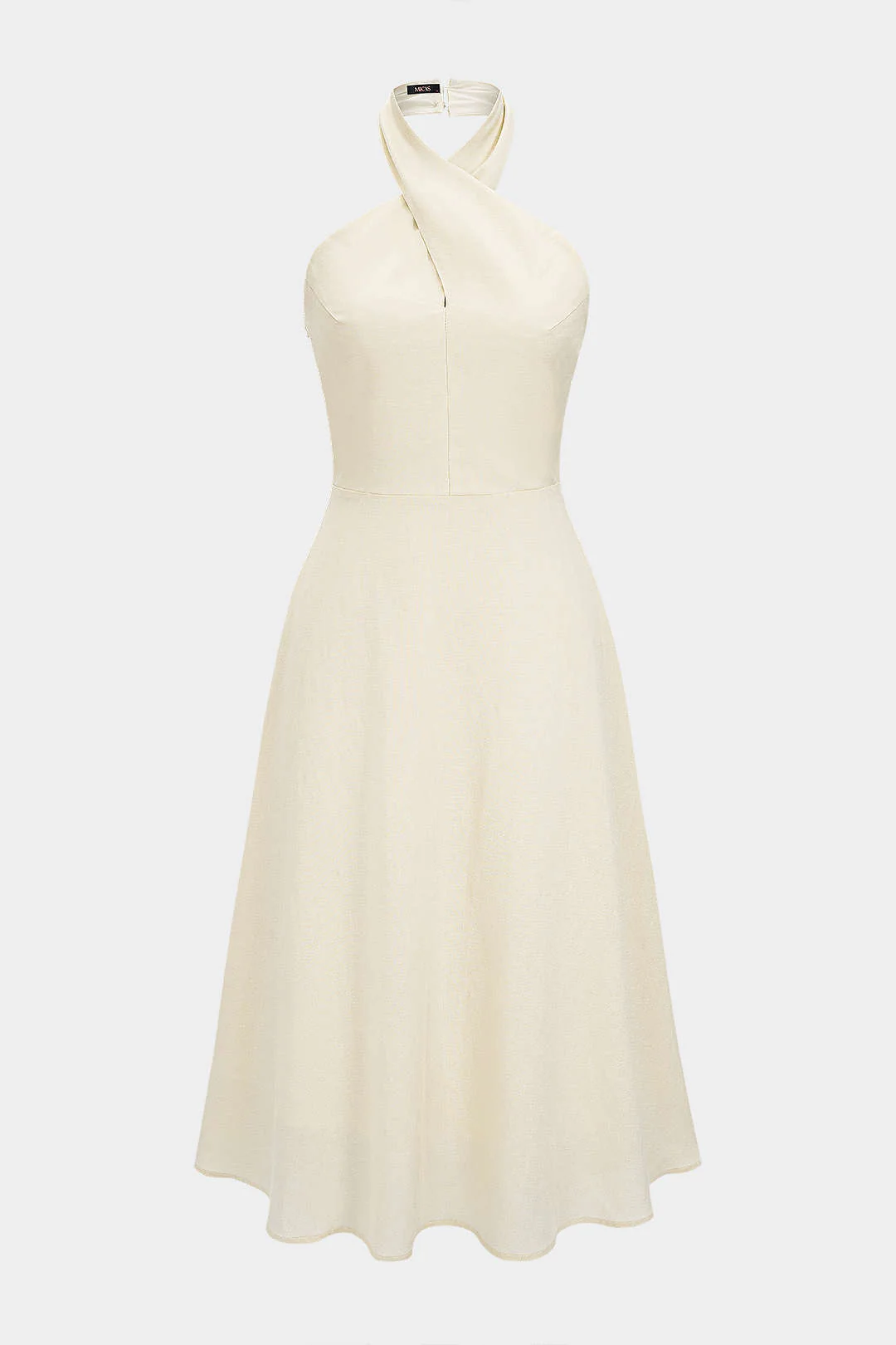 Linen Patchwork Crossed Halter Neck Ruched Sleeveless Midi Dress - Image 3