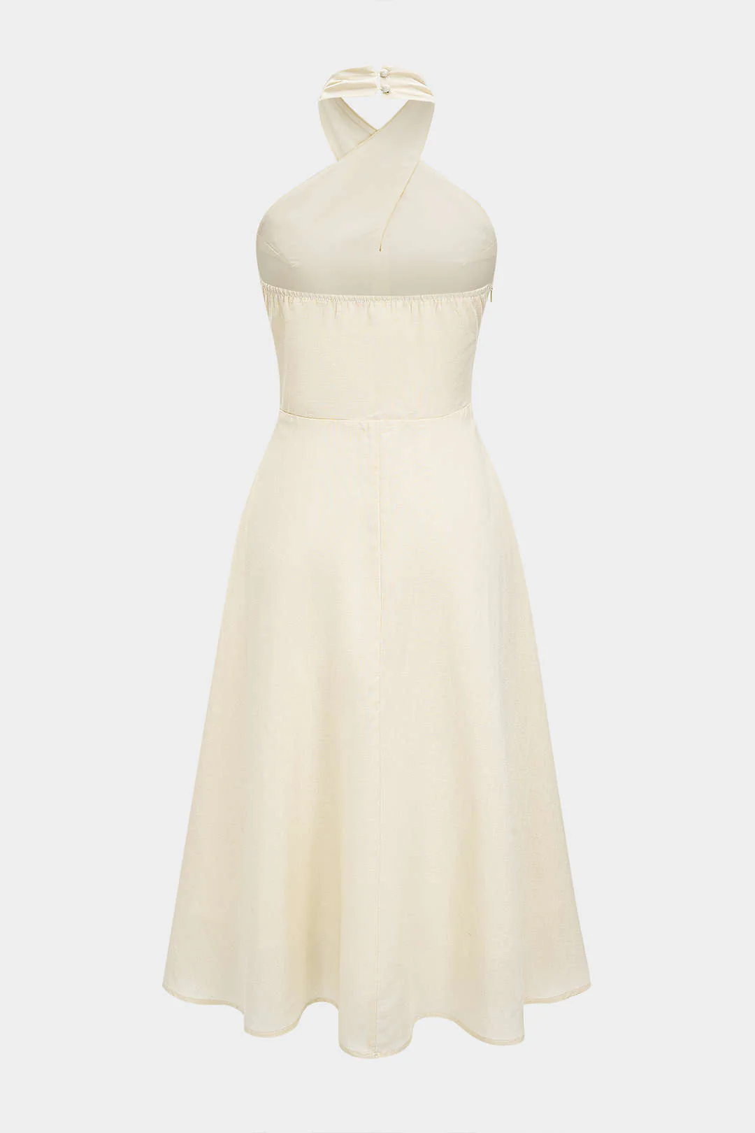 Linen Patchwork Crossed Halter Neck Ruched Sleeveless Midi Dress - Image 4