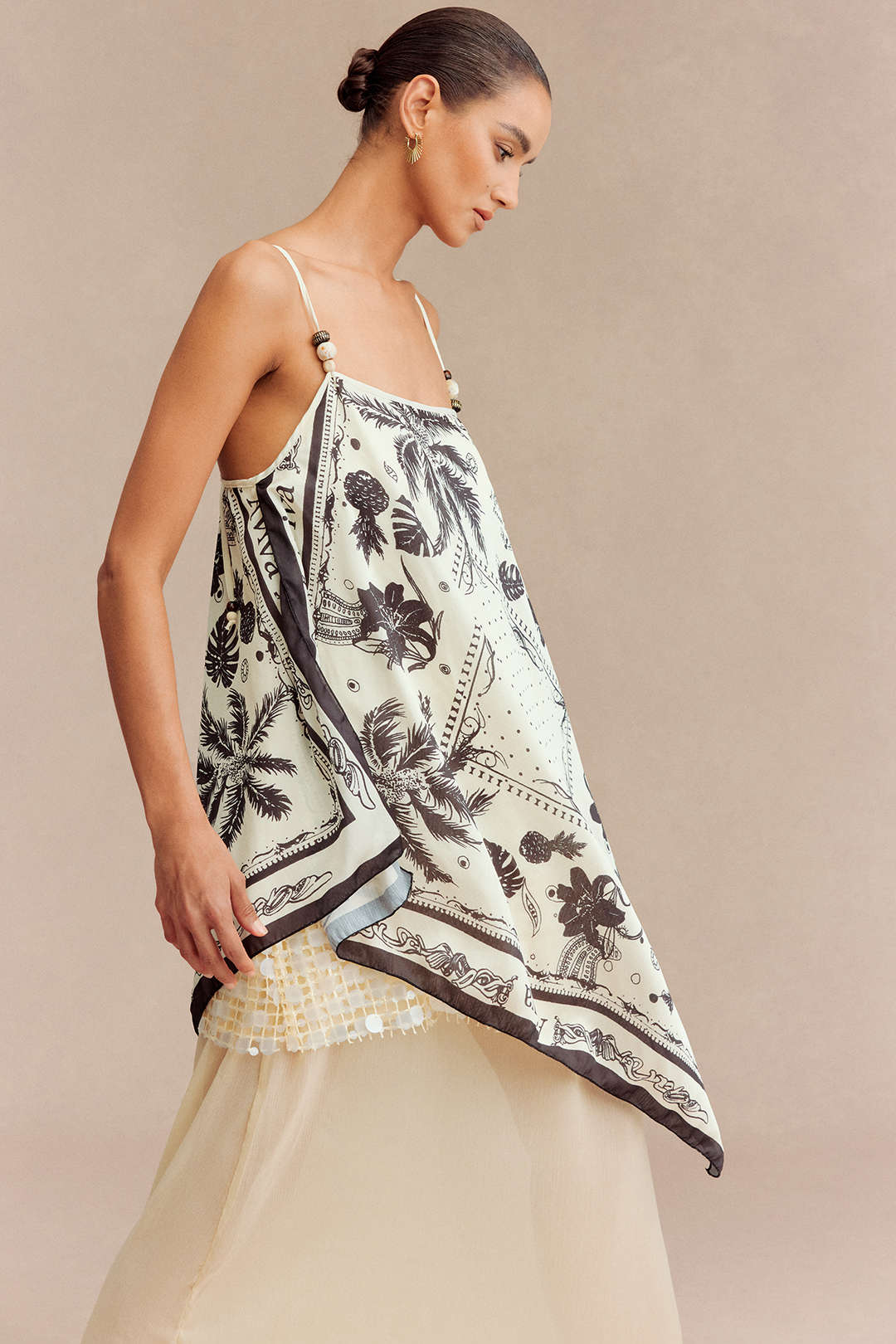 Leaf Print Patchwork Sequin Beaded Sleeveless Midi Dress - Image 3