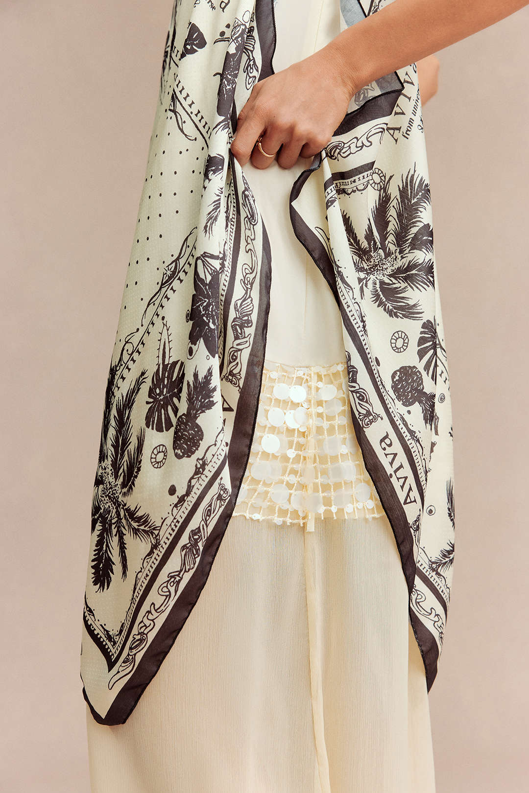 Leaf Print Patchwork Sequin Beaded Sleeveless Midi Dress - Image 5