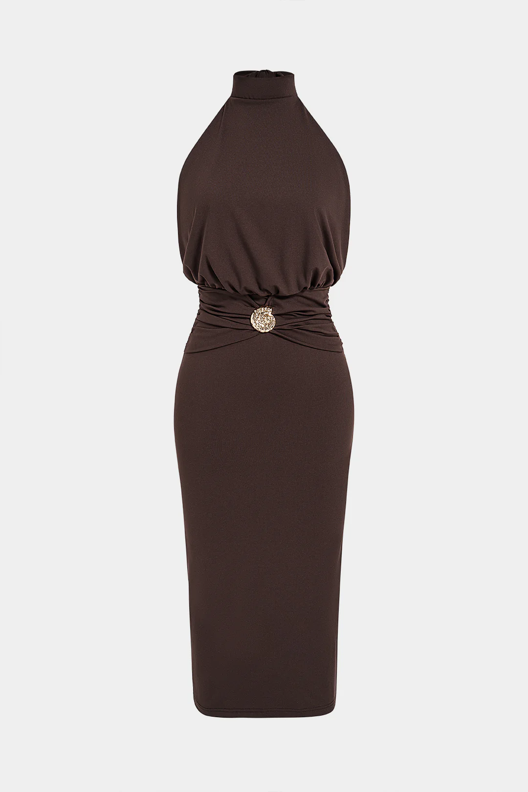 Halter Neck Metallic Tie-Up Ruched Sleeveless Midi Dress