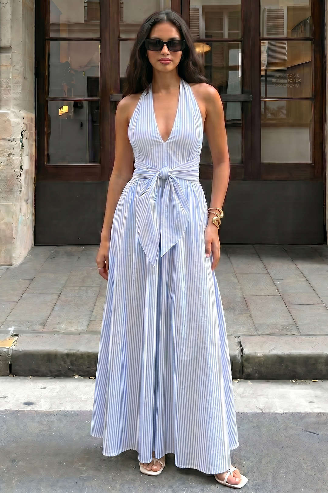 Stripes Print Halter V-Neck Sleeveless Maxi Dress