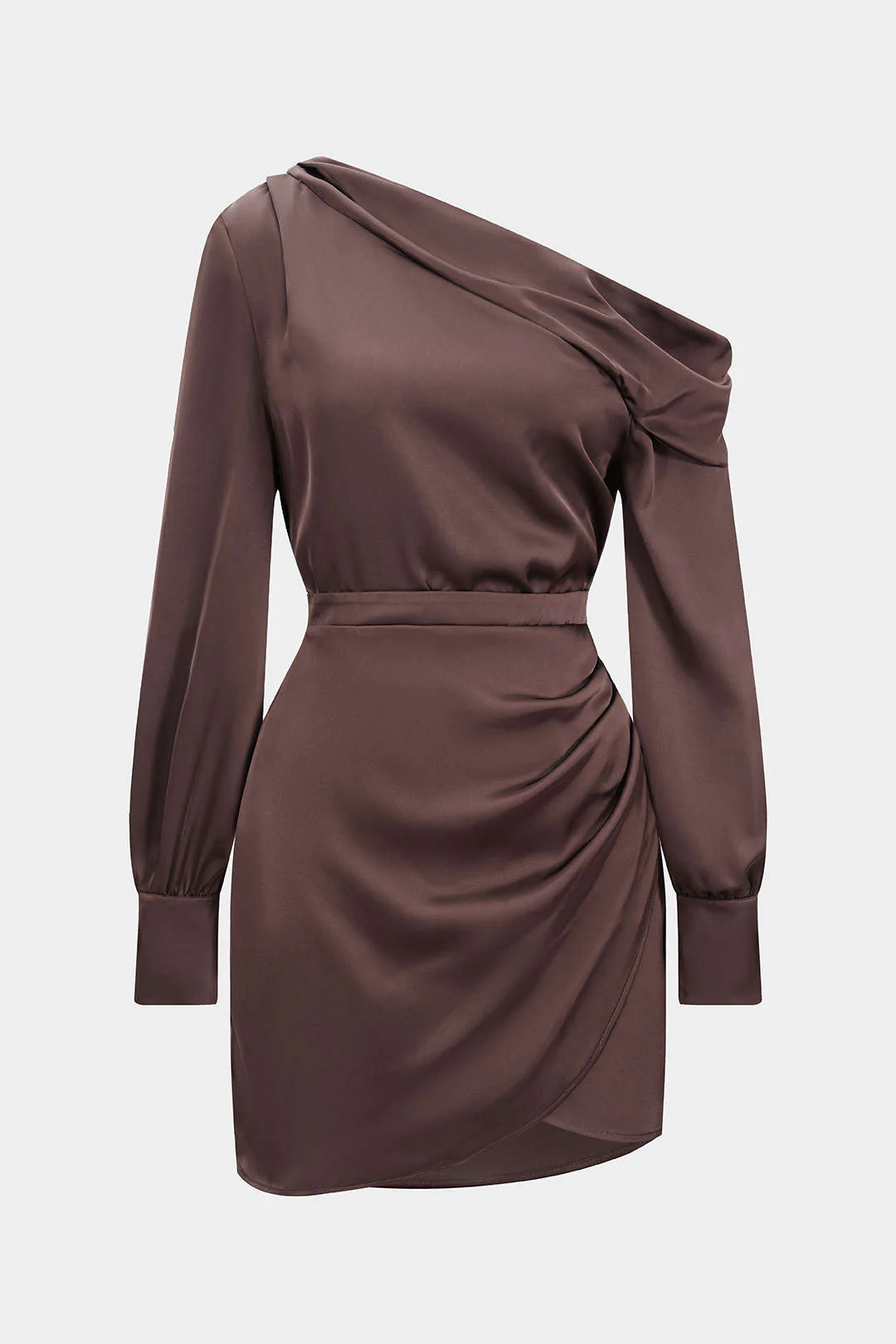Satin Asymmetrical Neck Long Sleeve Mini Dress