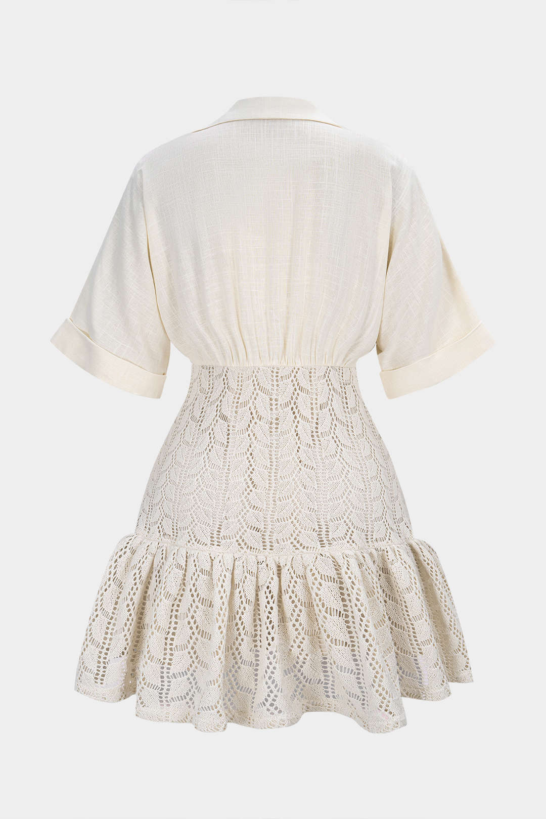 Jacquard Patchwork Linen Ruched V-Neck Short Sleeve Mini Dress - Image 2