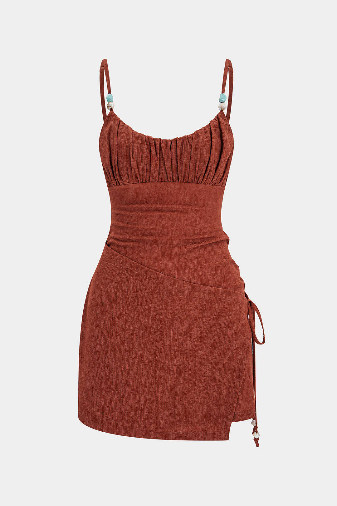 Round Neck Ruched Asymmetrical Tie-Up Beaded Slip Sleeveless Mini Dress - Image 2