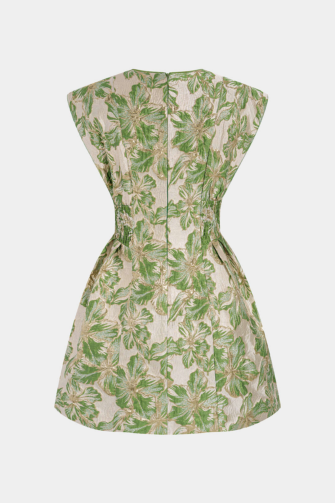 Floral Print Jacquard Round Neck Shirred Sleeveless Mini Dress - Image 2