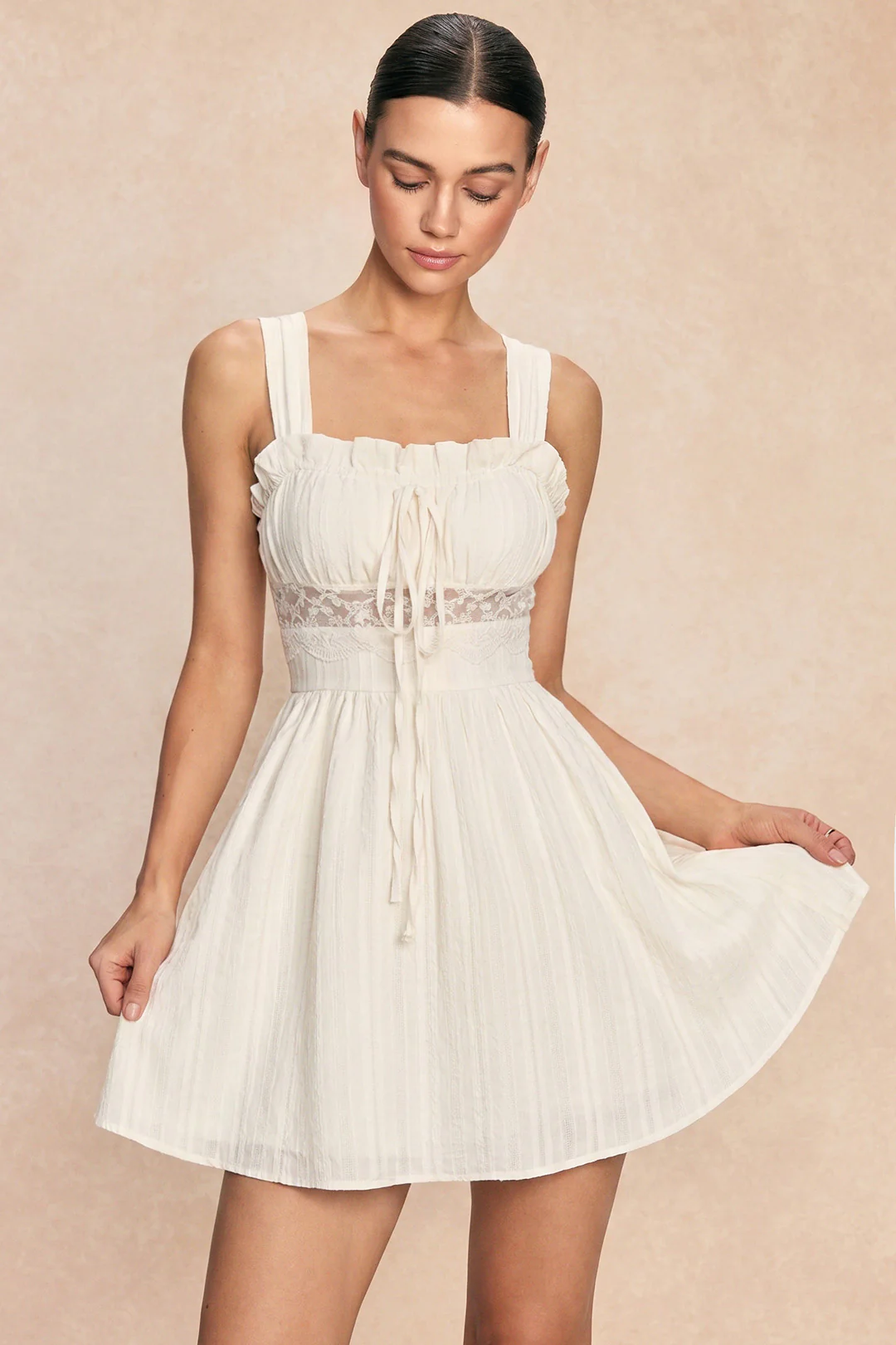 Lace Trim Patchwork Tie-Up Sleeveless Mini Dress