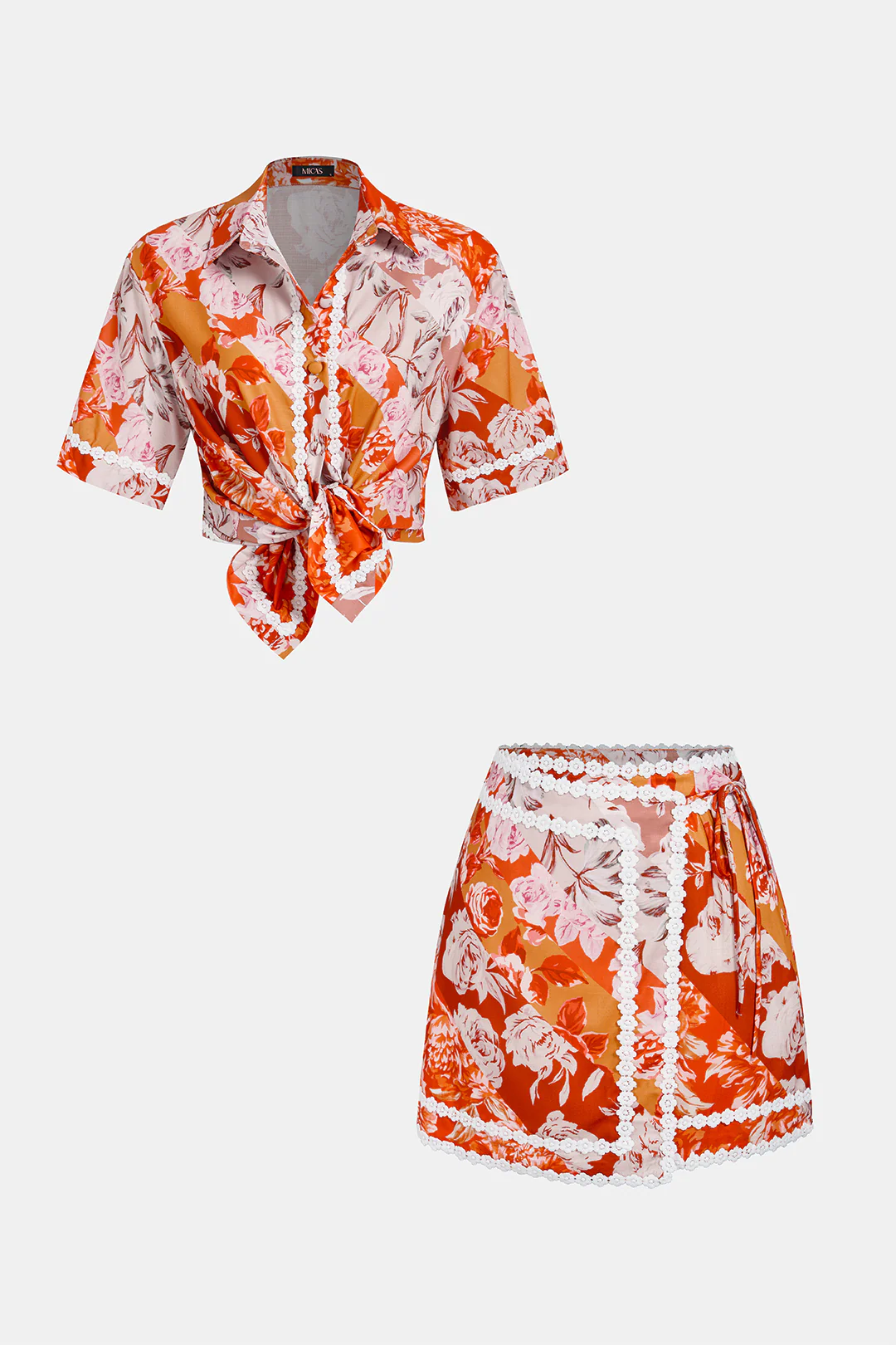 Floral Print Patchwork Lace Trim Short Sleeve Shirt And Asymmetrical Tie-Up Skirt Set - Image 3
