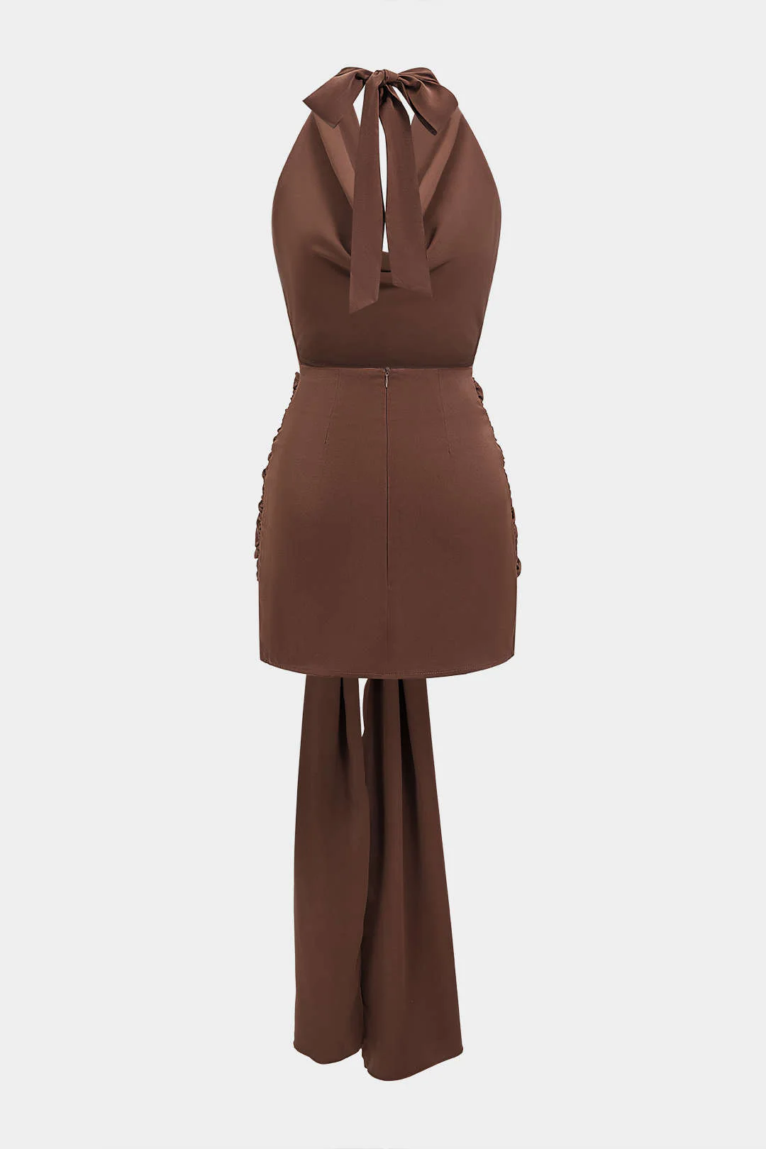 Halter Draped Cowl Neck Tie-Up Asymmetrical Mini Dress - Image 3