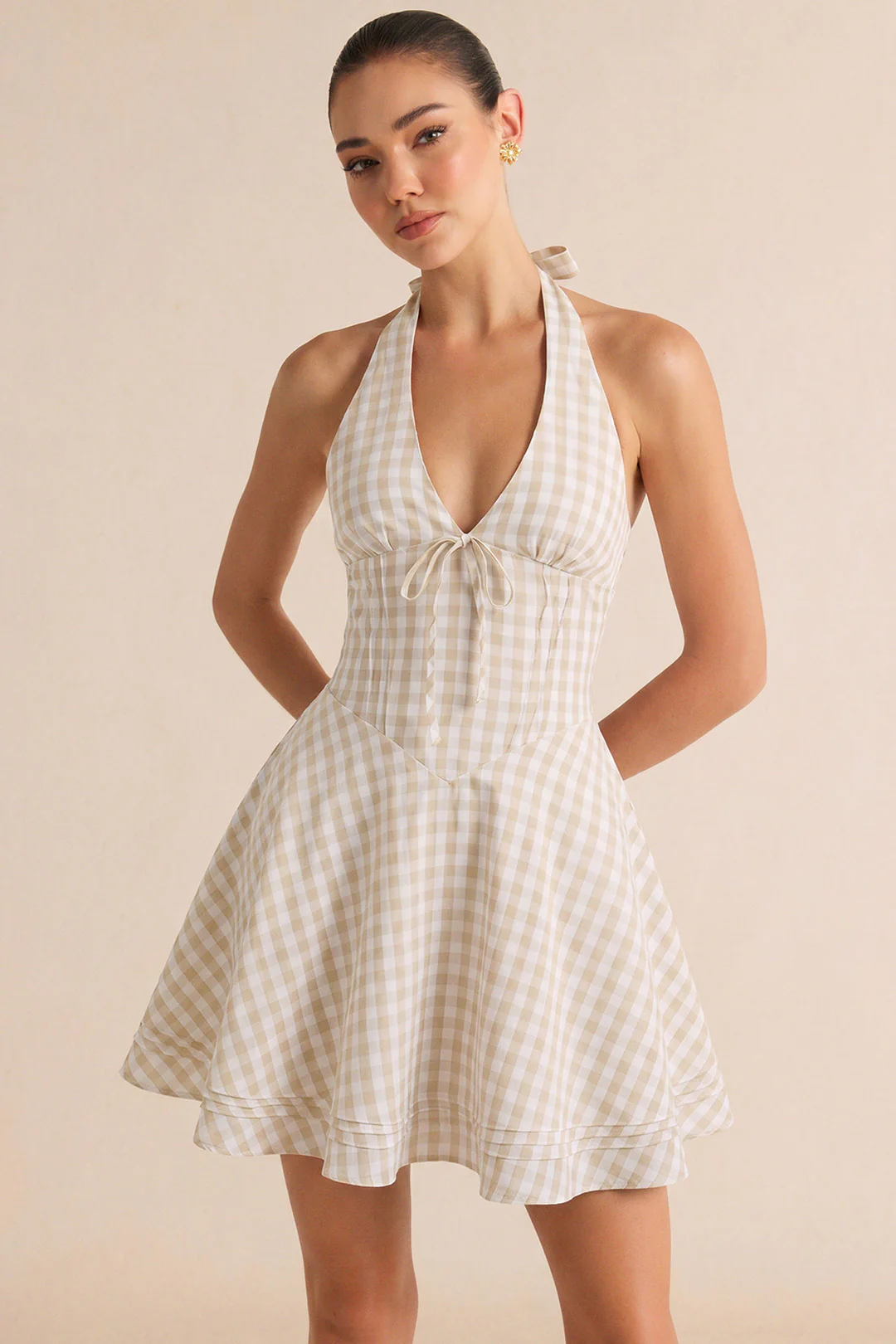 Plaid Print Halter V-Neck Tie Back Sleeveless Mini Dress
