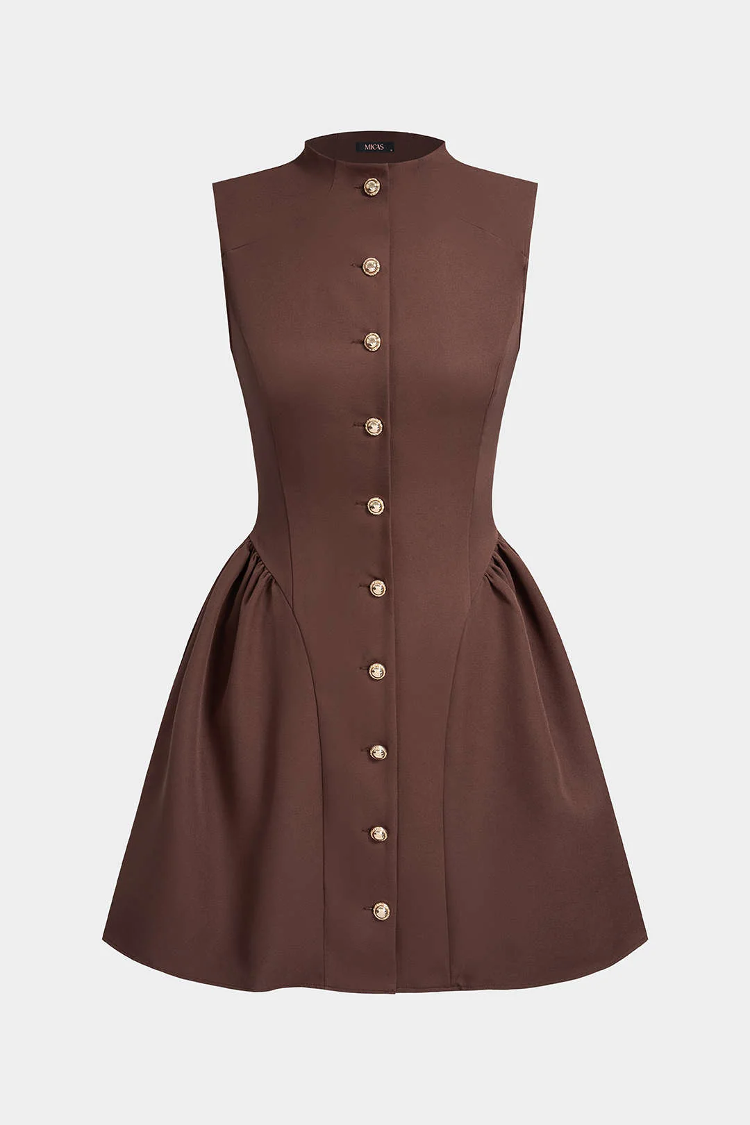 Mock Neck Button Ruched Sleeveless Mini Dress - Image 2