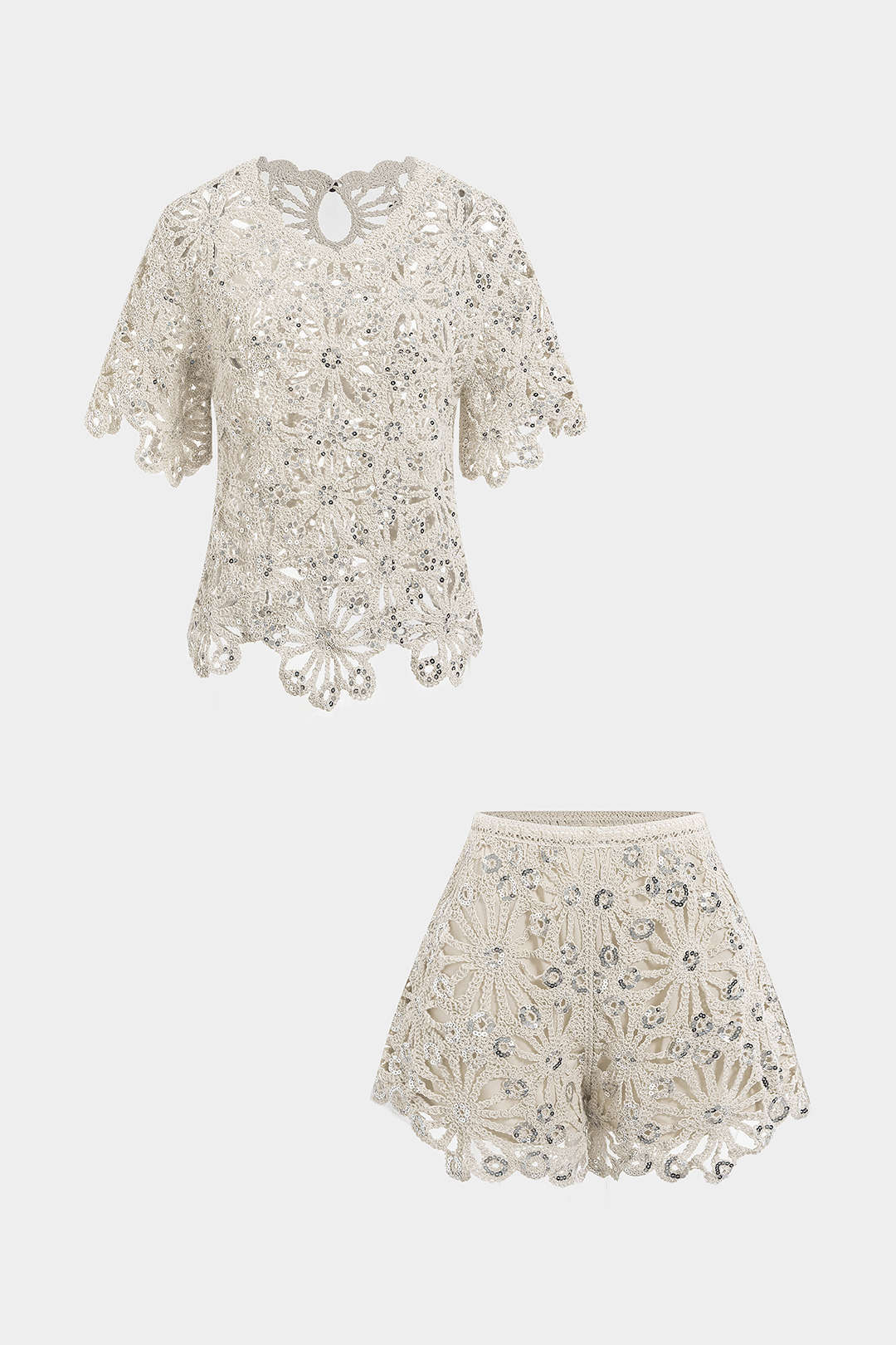Embroidery Sequin Round Neck Short Sleeve Top And Wide Leg Shorts Set