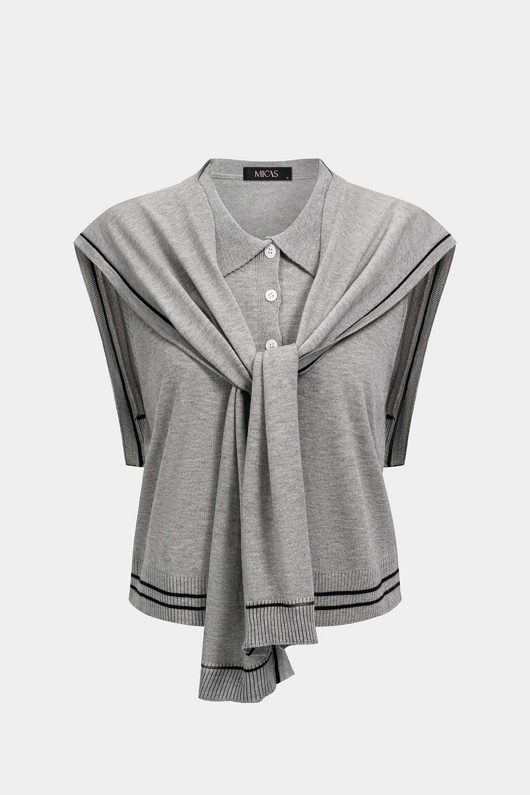 Knit Contrast Binding Polo Collar Tank Top And Shawl Set - Image 13