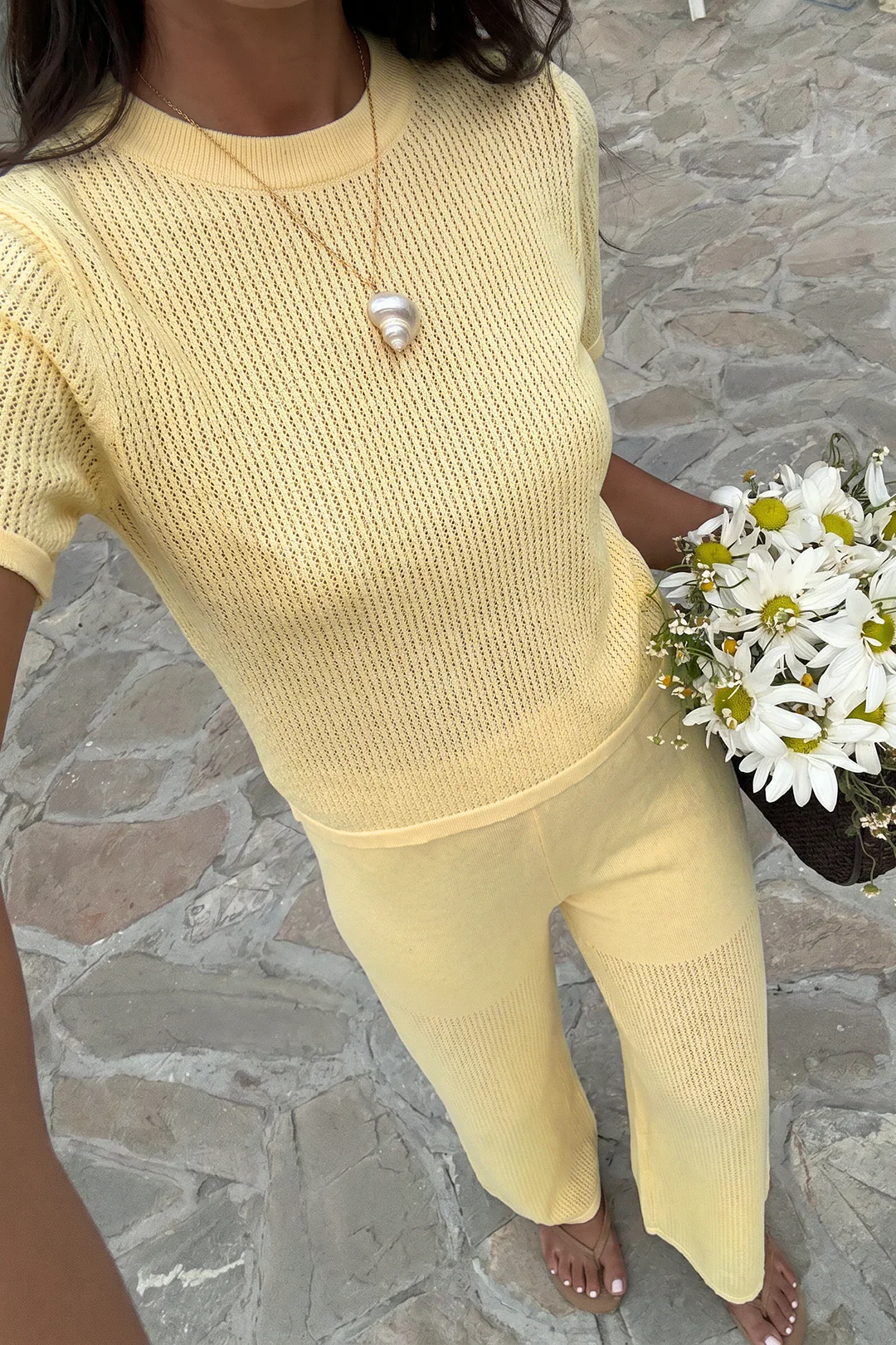 Open Knit Round Neck Short Sleeve Top And Straight Leg Pants Set