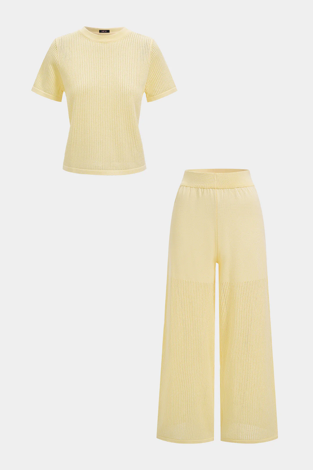 Open Knit Round Neck Short Sleeve Top And Straight Leg Pants Set - Image 2