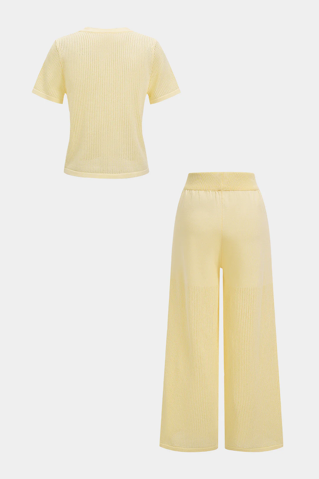 Open Knit Round Neck Short Sleeve Top And Straight Leg Pants Set - Image 3